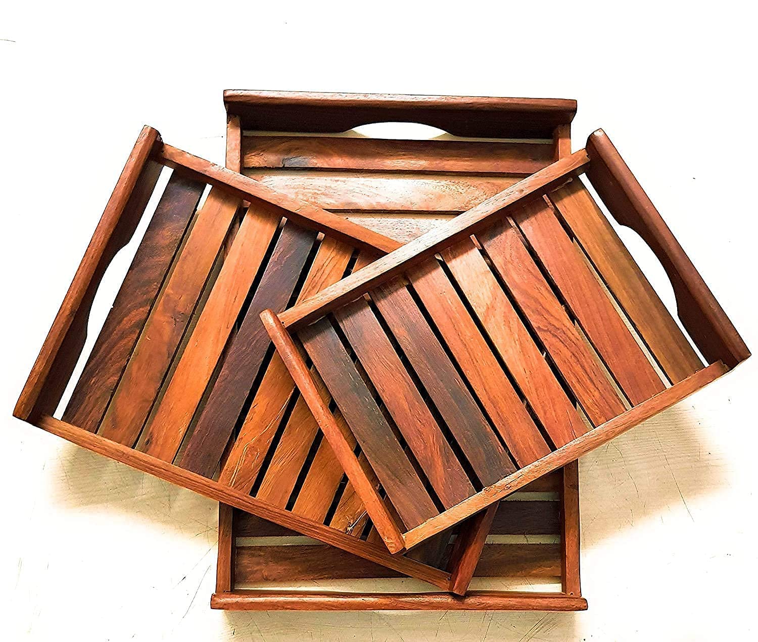 As Wooden Handicraft Set Of 3 Wooden Serving Trays With Handles, Rustic Nesting Trays Stackable Platters For Serving Cakes, Past