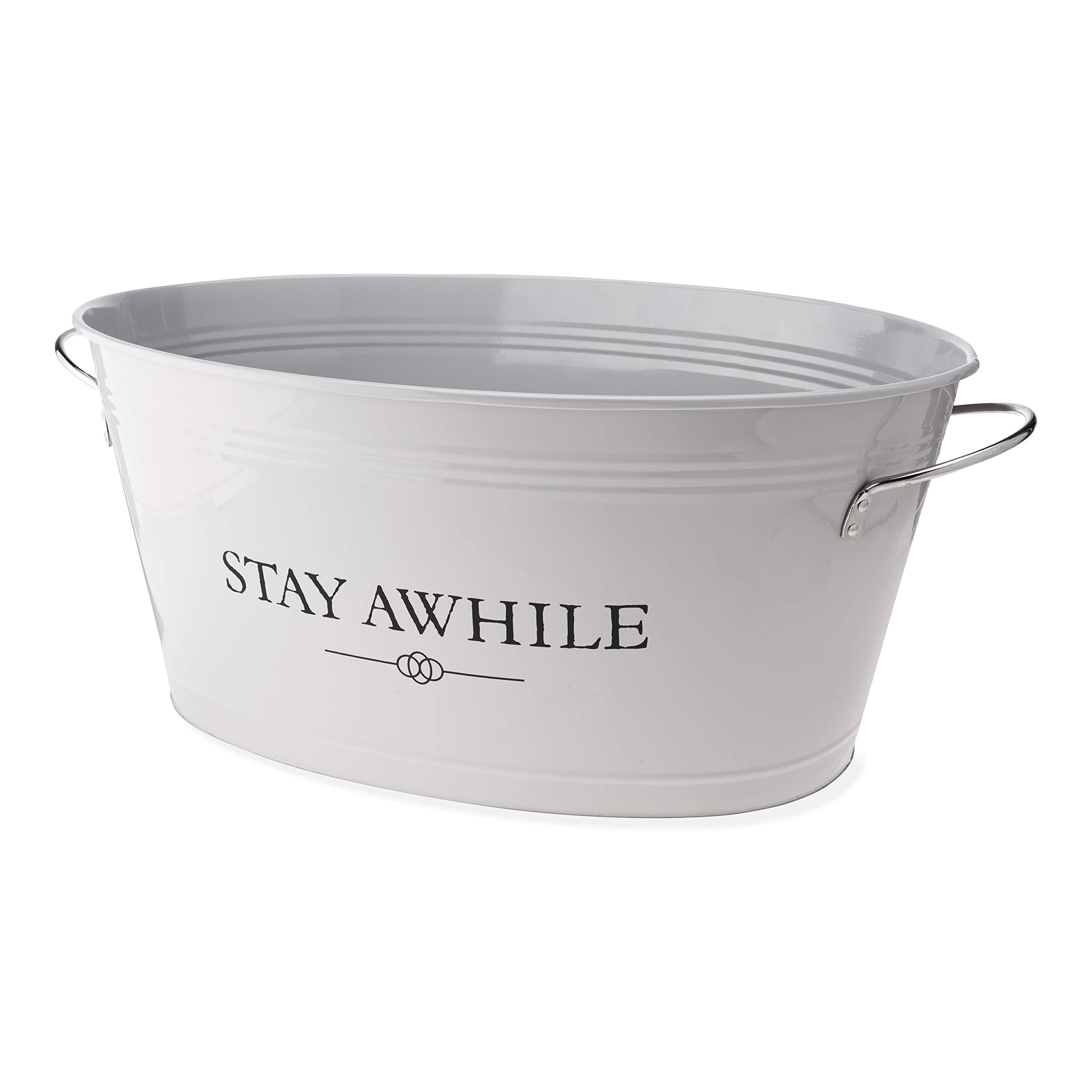Twine Stay Awhile White Painted Galvanized Ice Bucket & Metal Tub - Beverage Ice Barrel Tub For Parties In 6.3-Gallon Capacity