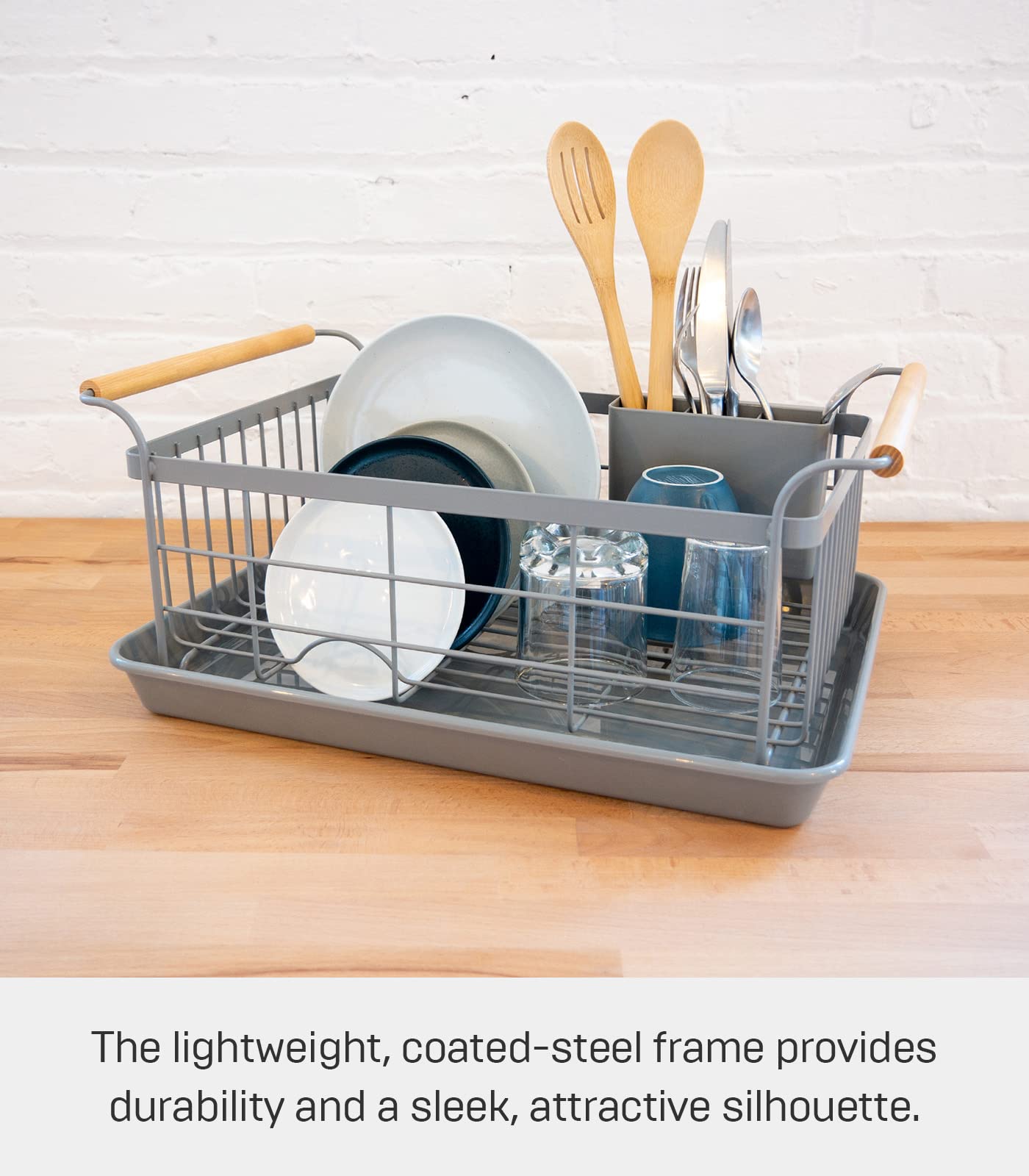 Yamazaki Home Sink Removeable Drainer Tray, Kitchen Drying Organizer Holder, One Size, White Steel + Wood | Dish Rack, Gray