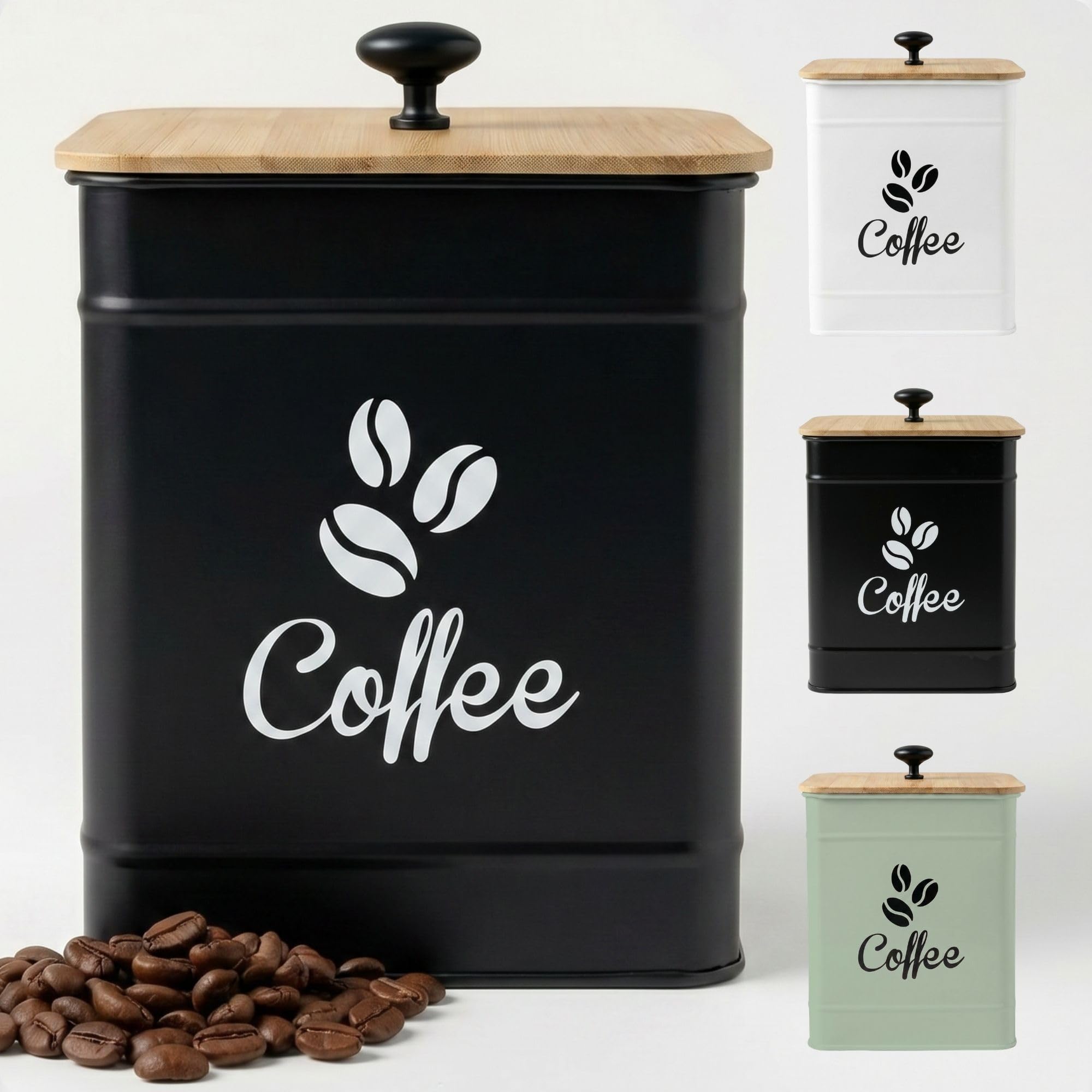 Airtight Coffee Canister 40 oz, 6x 8 Metal Jar w/ RubberLined Bamboo Lid