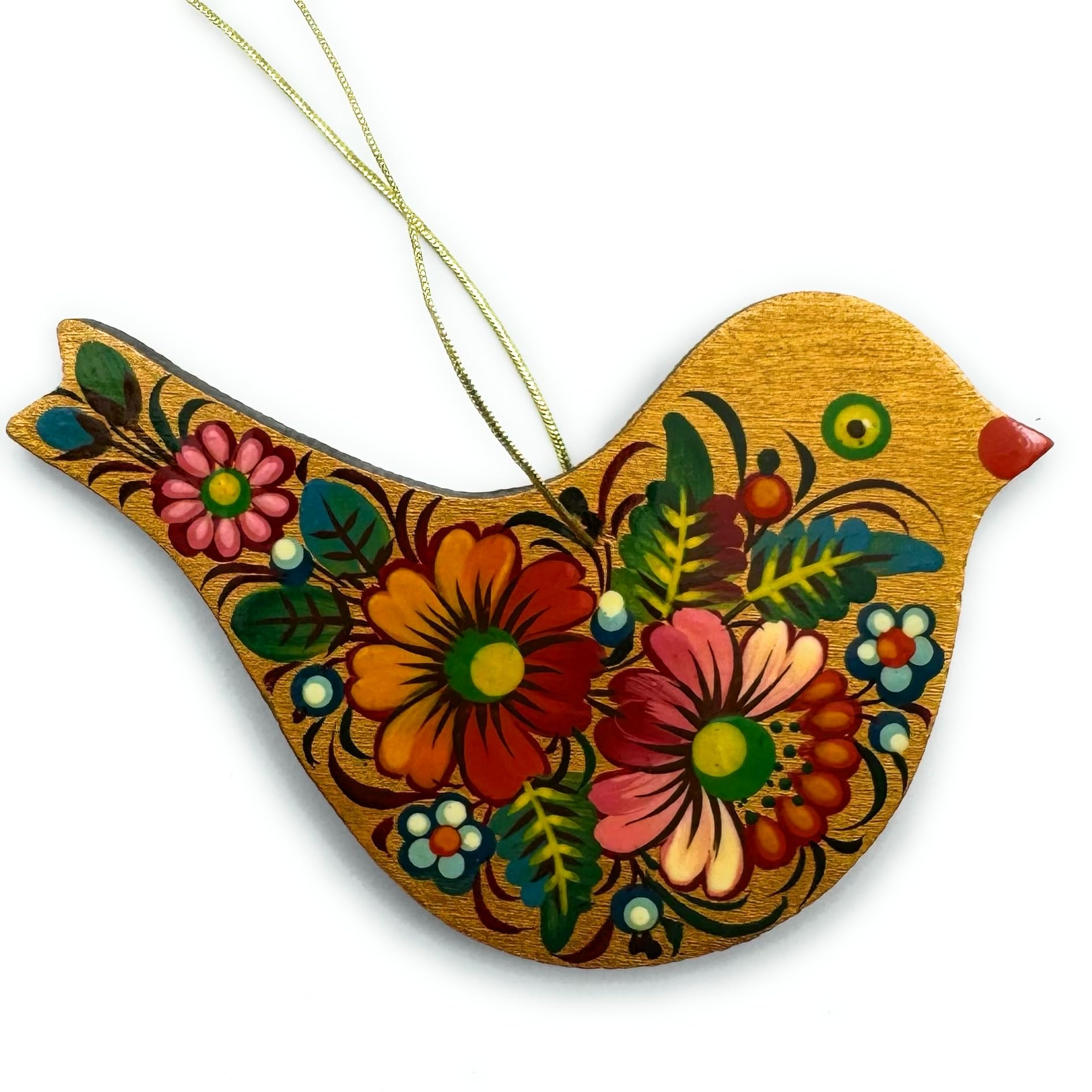 Handcrafted Wooden Bird Christmas Ornament 4,3 x 3,3 x 0,2 inch, Finely Hand-painted on Both Sides in Ukraine in the Petrykivka 
