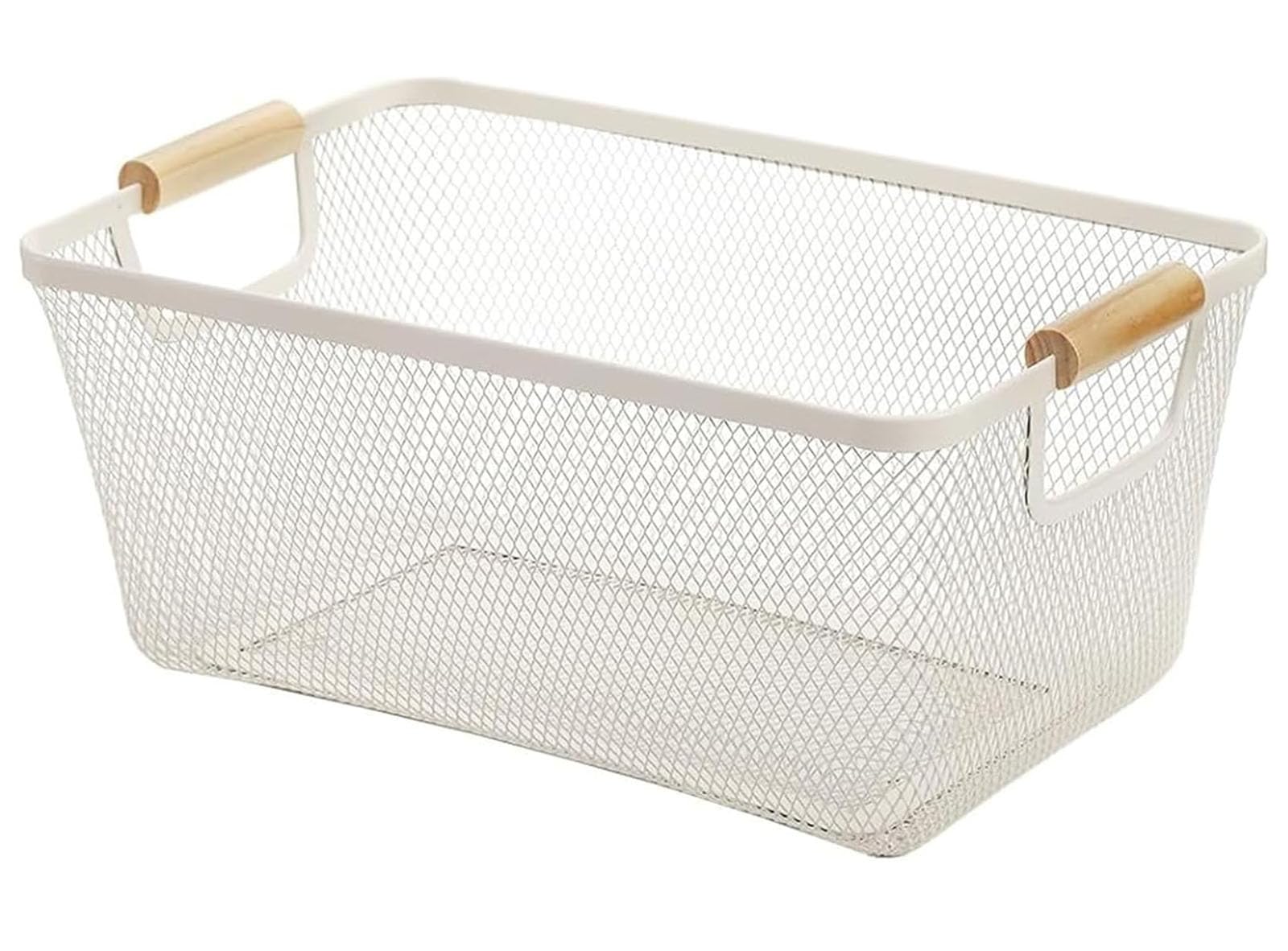 AJIODA Metal Mesh Steel Basket, Medium Wire Storage Organizer Basket Multifunction Hanging Kitchen Basket with Wood Handle for 