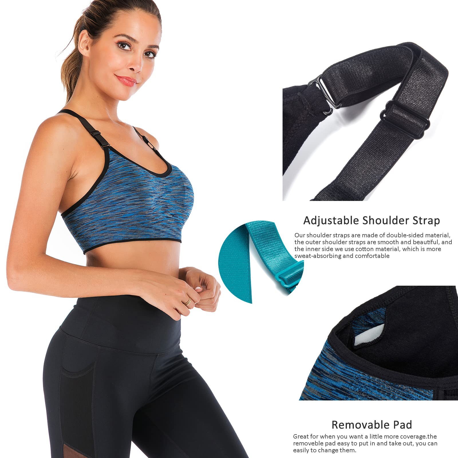 Yeyele Women 1Or 3 Or 5 Pack Medium Support And Removable Pad Tank Top Racerback Sports Bra Blue