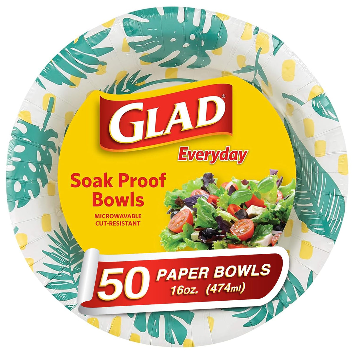 Glad Disposable Heavy Duty Cut Resistant Microwave Safe Paper Bowls With Palm Leaves Design For Hot Soup And Ice Cream For Every