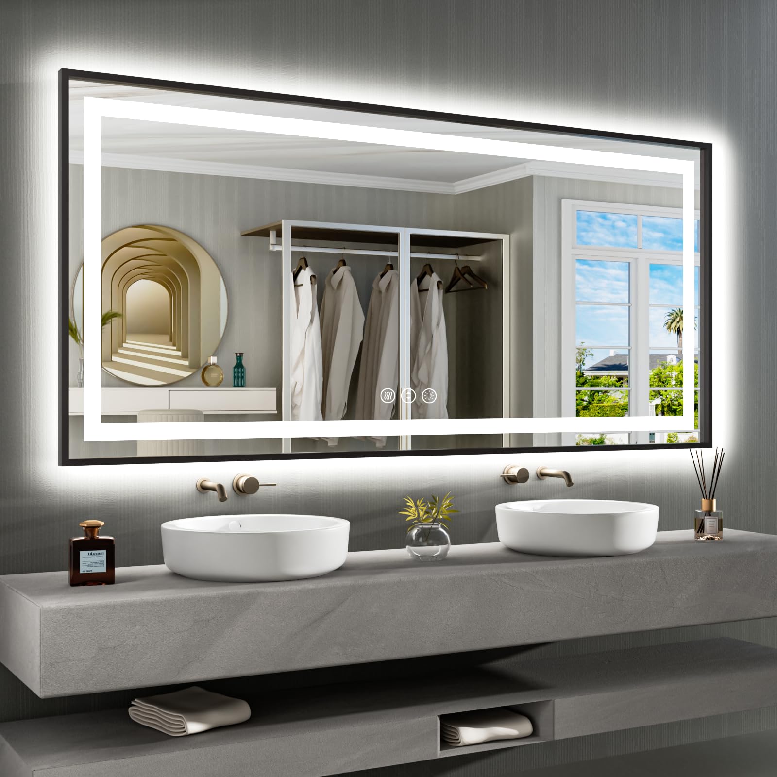 Amorho 72''X 36'' Led Bathroom Mirror Framed, Front Light And Backlit, Stepless Dimmable, Anti-Fog, Shatter-Proof, Memory, 3 Col