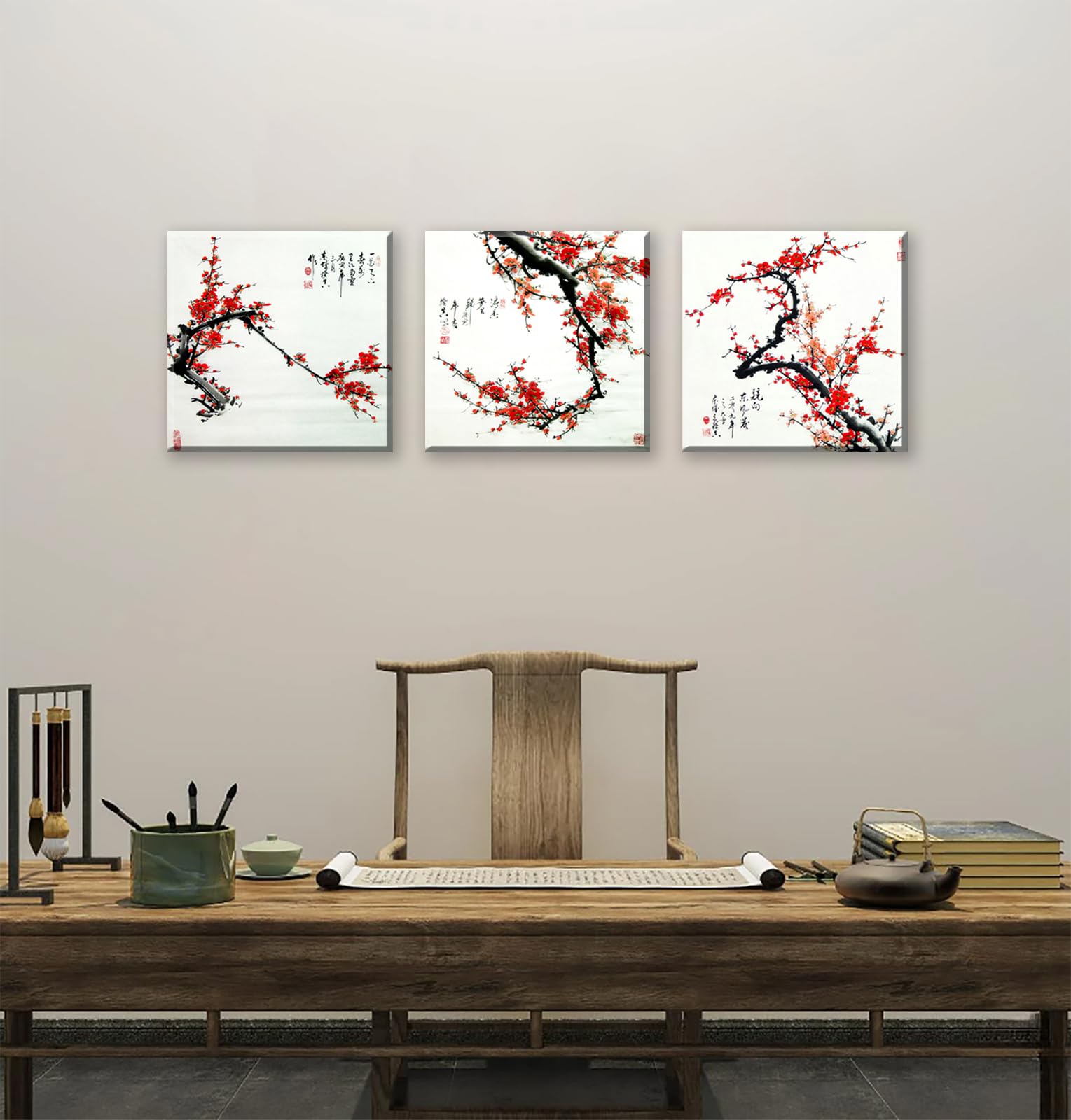 Nan Wind Small Size Traditional Chinese Painting Of Plum Blossom Canvas Prints 3 Panels Wood Framed Red Plum Blossom Wall Art Pl