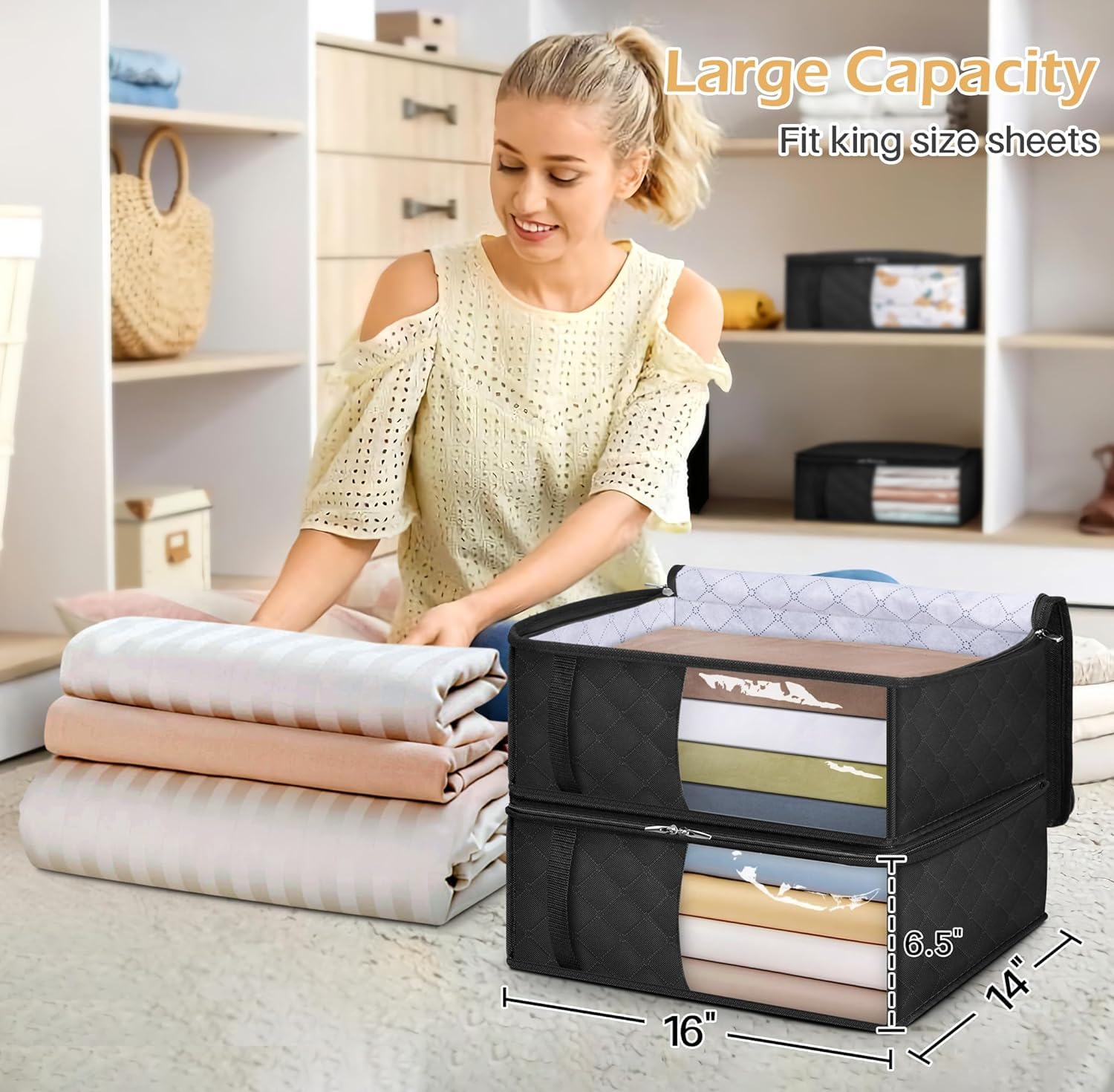 MISSLO Bed Sheet Organizers and Storage Queen/King Size Sheet Folder 4 Pack Linen Closet Organizer with Clear Window Blanket Sto