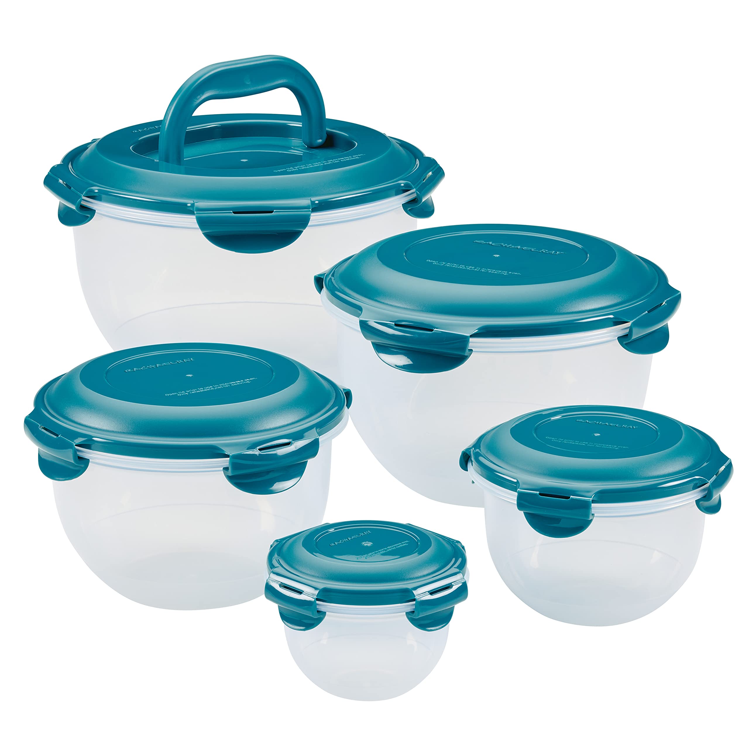 Rachael Ray Leak-Proof Nestable Container Food Storage Bin Set, 10-Piece, Clear With Teal Lids