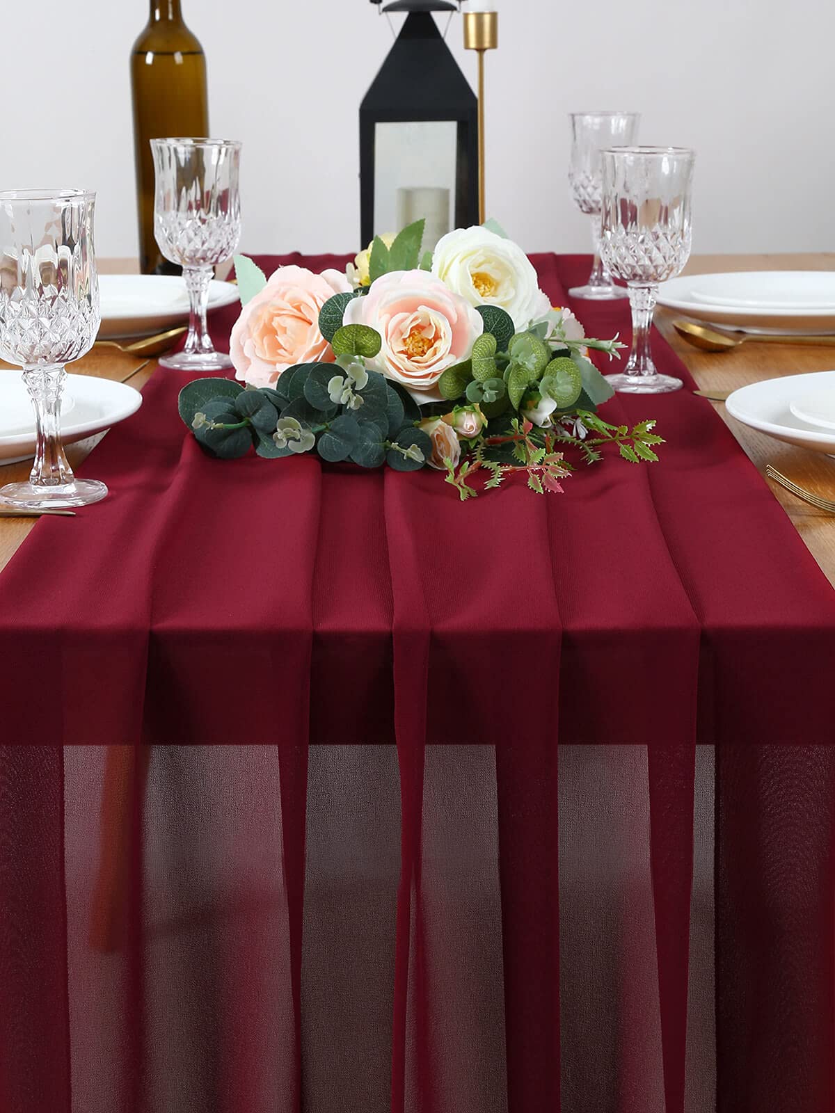 5 Pieces 10Ft Wedding Table Runner Burgundy Chiffon Table Runners Sheer Wedding Arch Overlay Fabric for Birthday Bridal Party Decorations