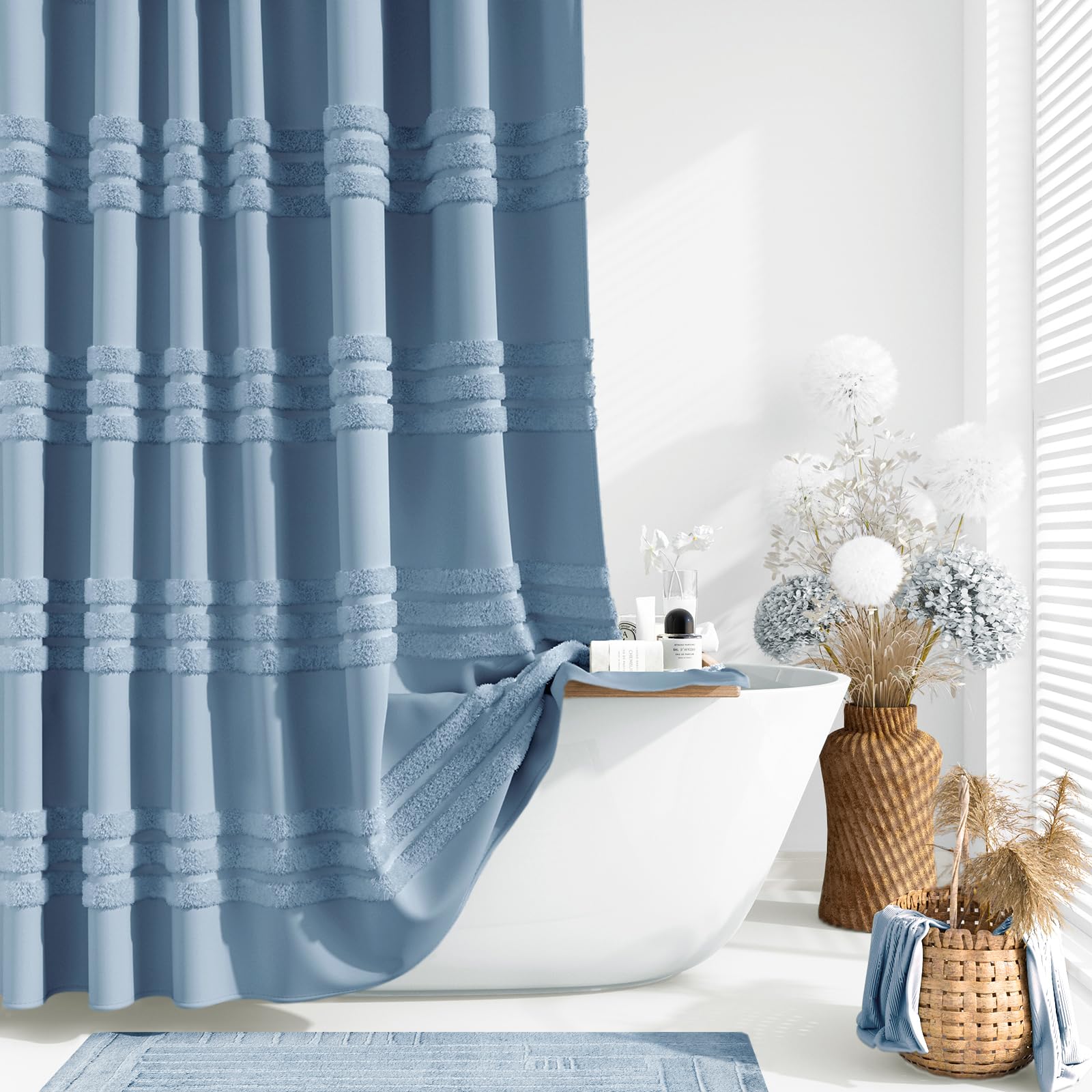 Dynamene Long Fabric Shower Curtain - 72X78 Inch Tufted Chenille Striped Tall Cloth Shower Curtains For Bathroom Decor, Large Ho