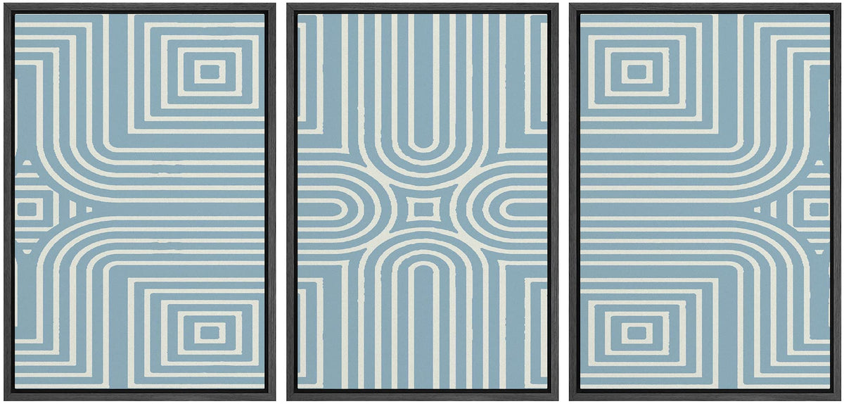 Idea4Wall Framed Wall Art Print Set Blue & White Tribal Line Pattern Geometric Shapes Illustrations Modern Art Bohemian Colorful