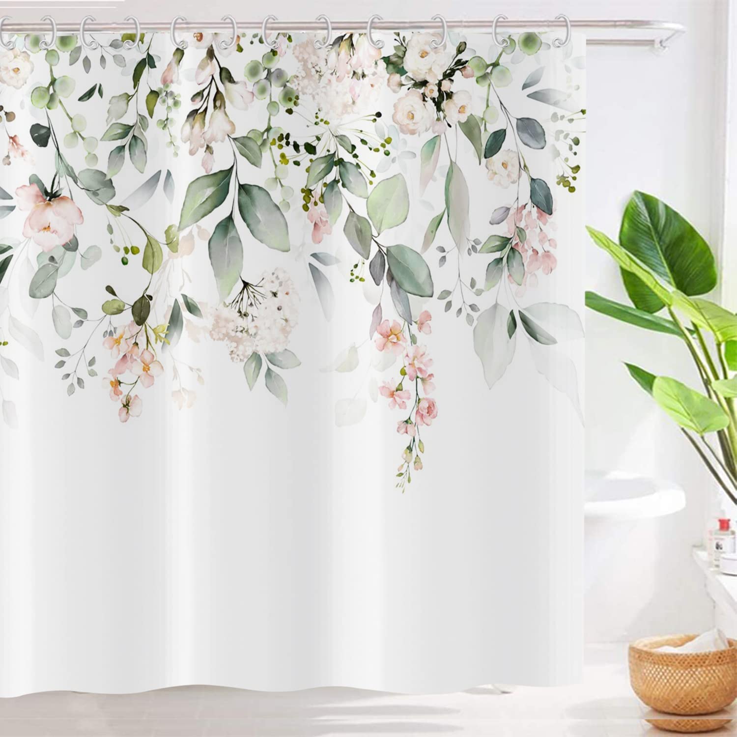 Gcirec Spring Eucalyptus Shower Curtain, Sage Green Eucalyptus Leaves Botanical Plants With Pink Flowers On The Top Fabric Bathr