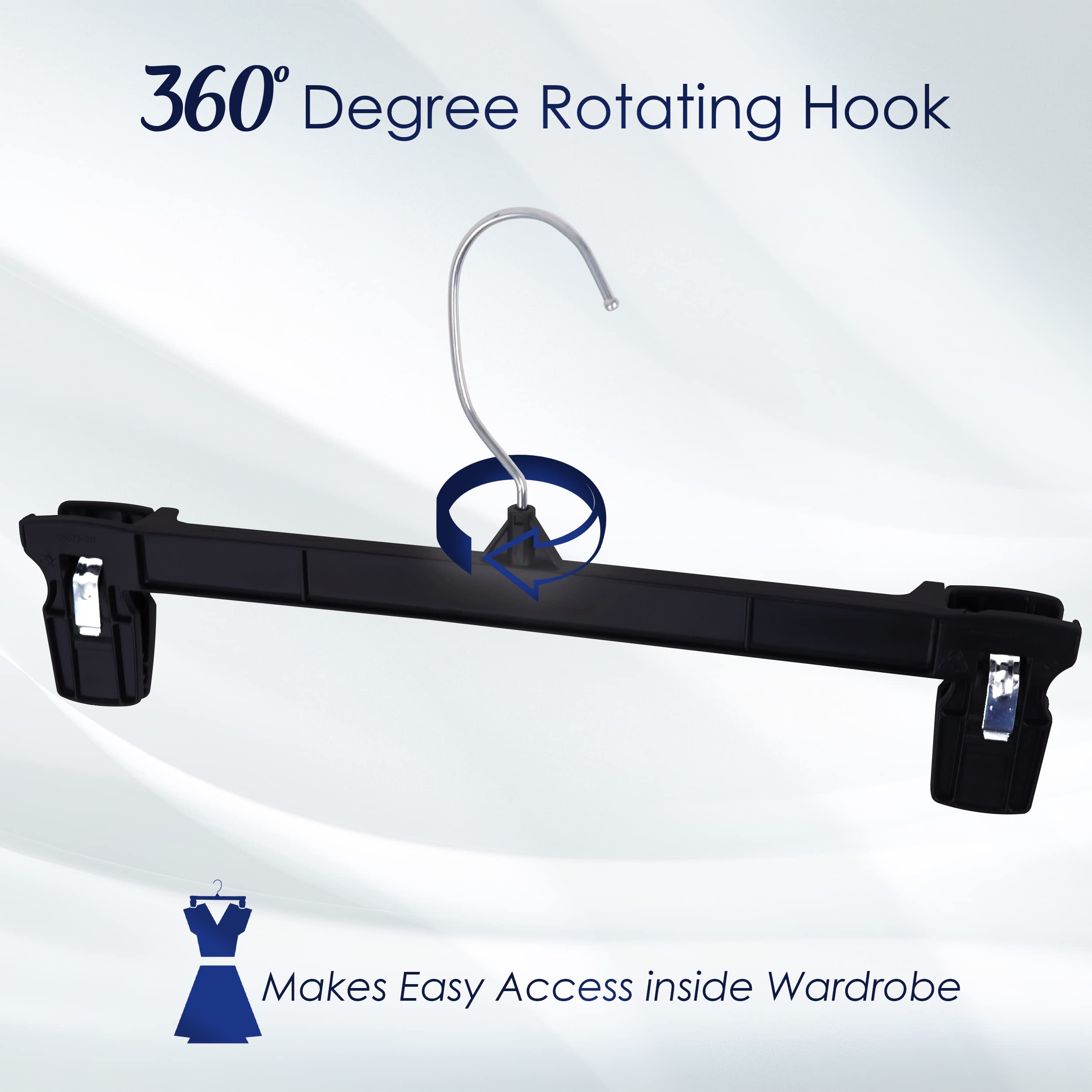 Hanger Central 30 Pack Space Saving Heavy Duty Slim Plastic Pants and Shorts Hangers  Ridged Non-Slip with Pinch Clips  360-Rotating Chrome Swivel Hook  in Black  12 Inches