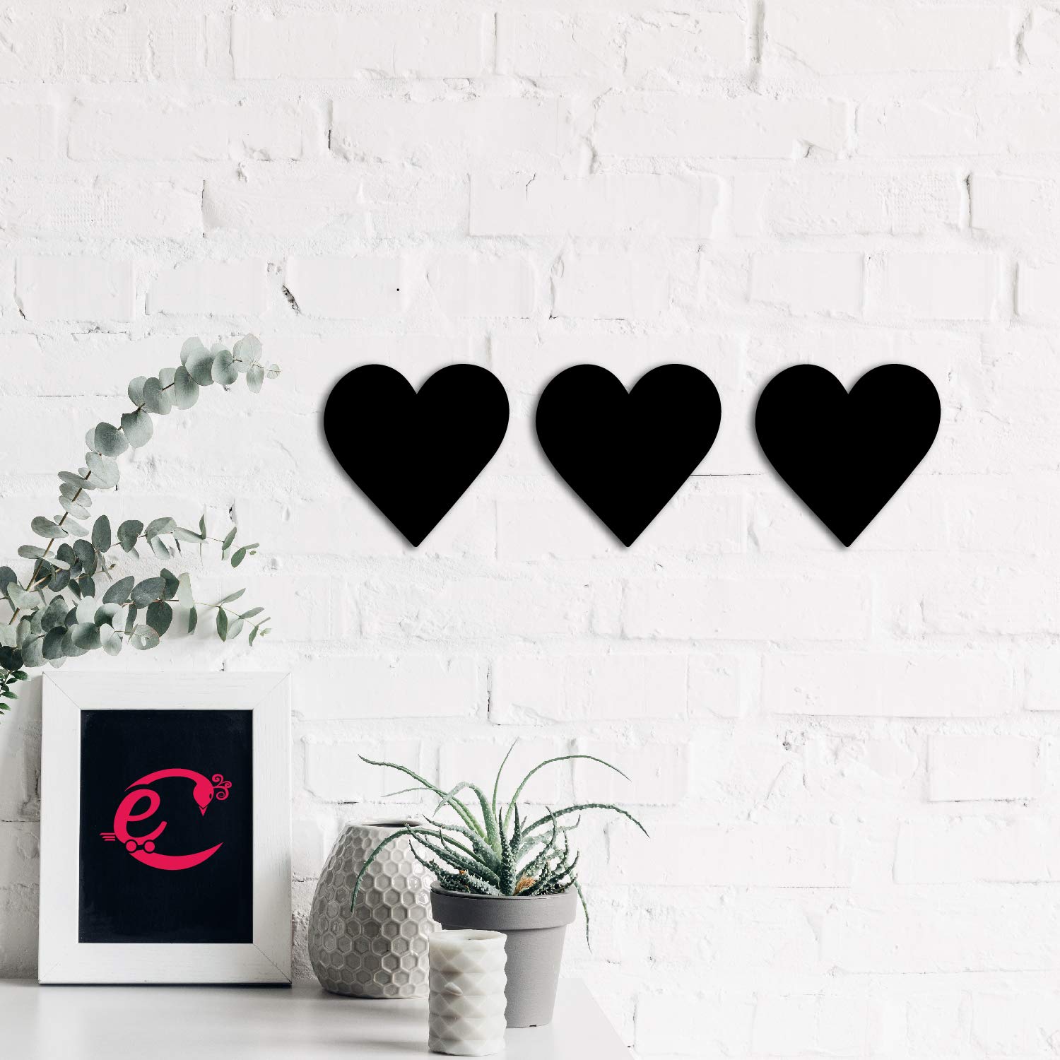 Ecraftindia Set Of 3 Hearts Black Engineered Wood Wall Art Cutout, Ready To Hang Home Decor, One Size (Wmdfco115)
