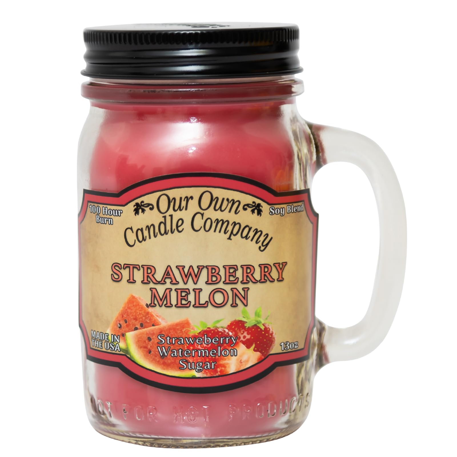 Our Own Candle Company, Strawberry Melon Scented Mason Jar Candle, 100 Hour Burn Time, Made in The USA - 13 Ounces