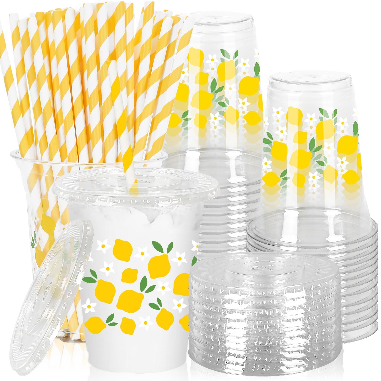 JarThenaAMCS 50 Pcs Lemon Plastic Cups with Lids Straws 12 Oz Yellow Lemon Daisy Clear Plastic Cups Fruit Cold Beverage Disposab