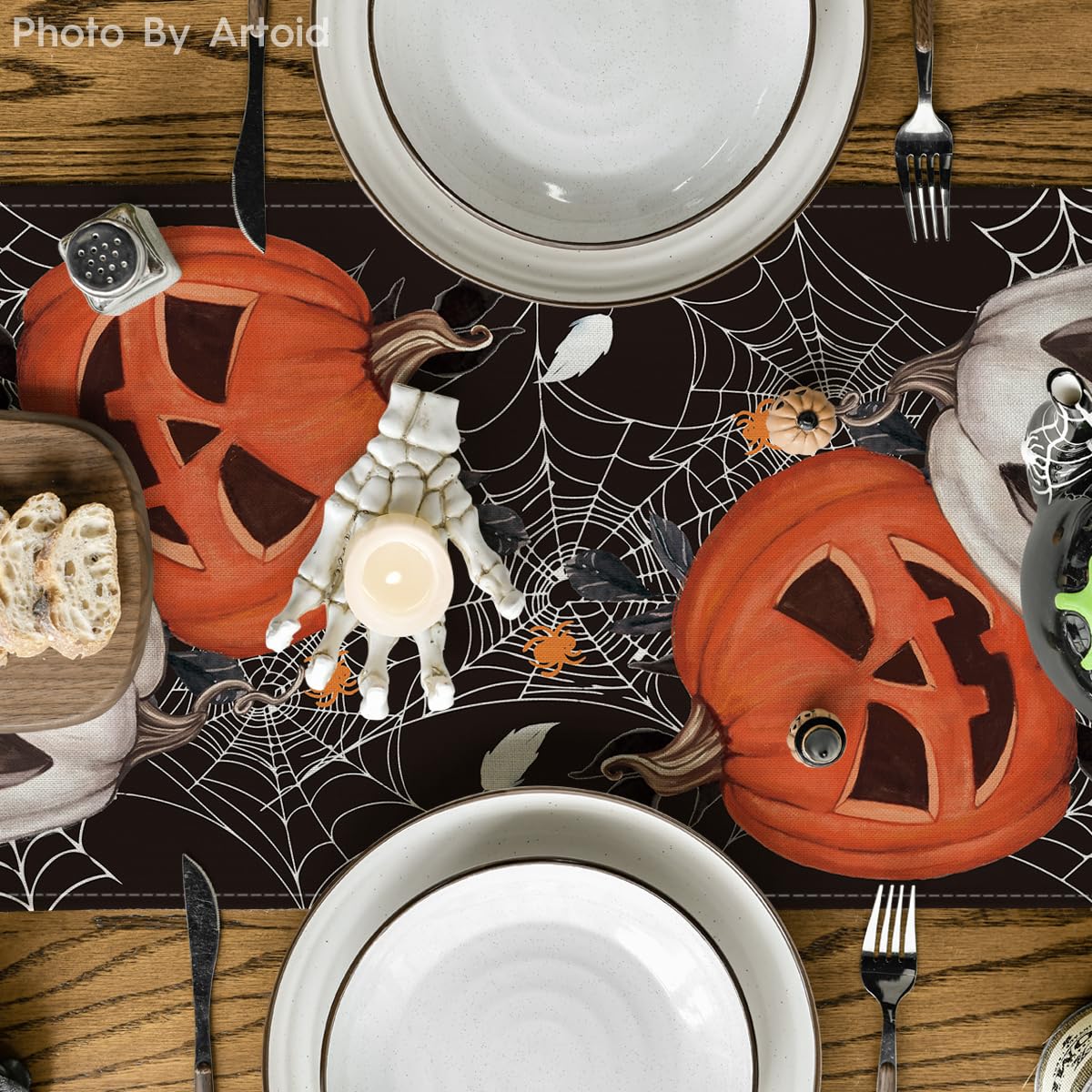 Artoid Mode Black Pumpkins Spider Web Halloween Table Runner, Seasonal Fall Kitchen Dining Table Decoration For Home Party Decor