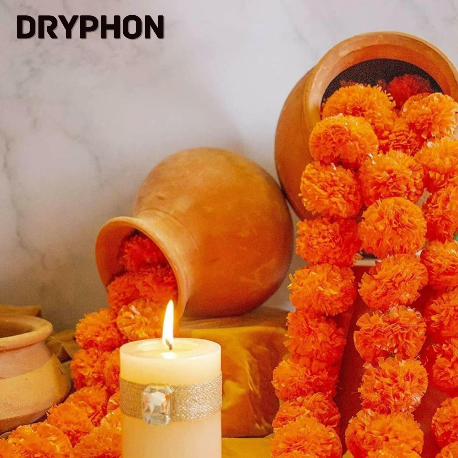 DRYPHON Artificial Flowers for Decoration, Marigold Flowers Garlands for Home Decor, Diwali Pooja Items Room Decor Items Wedding