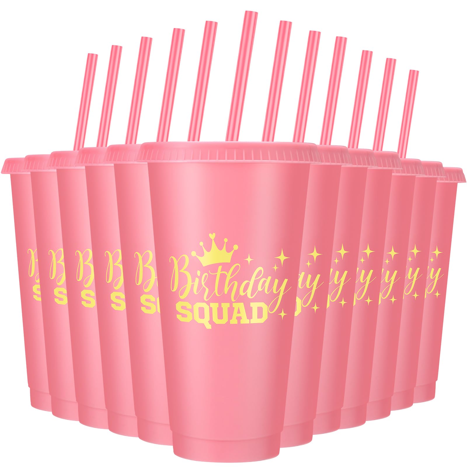 Potchen 12 Pcs Birthday Squad Plastic Cups 24 oz Pink Birthday Squad Reusable Tumbler with Lids and Straws Drinking Juice Cups f