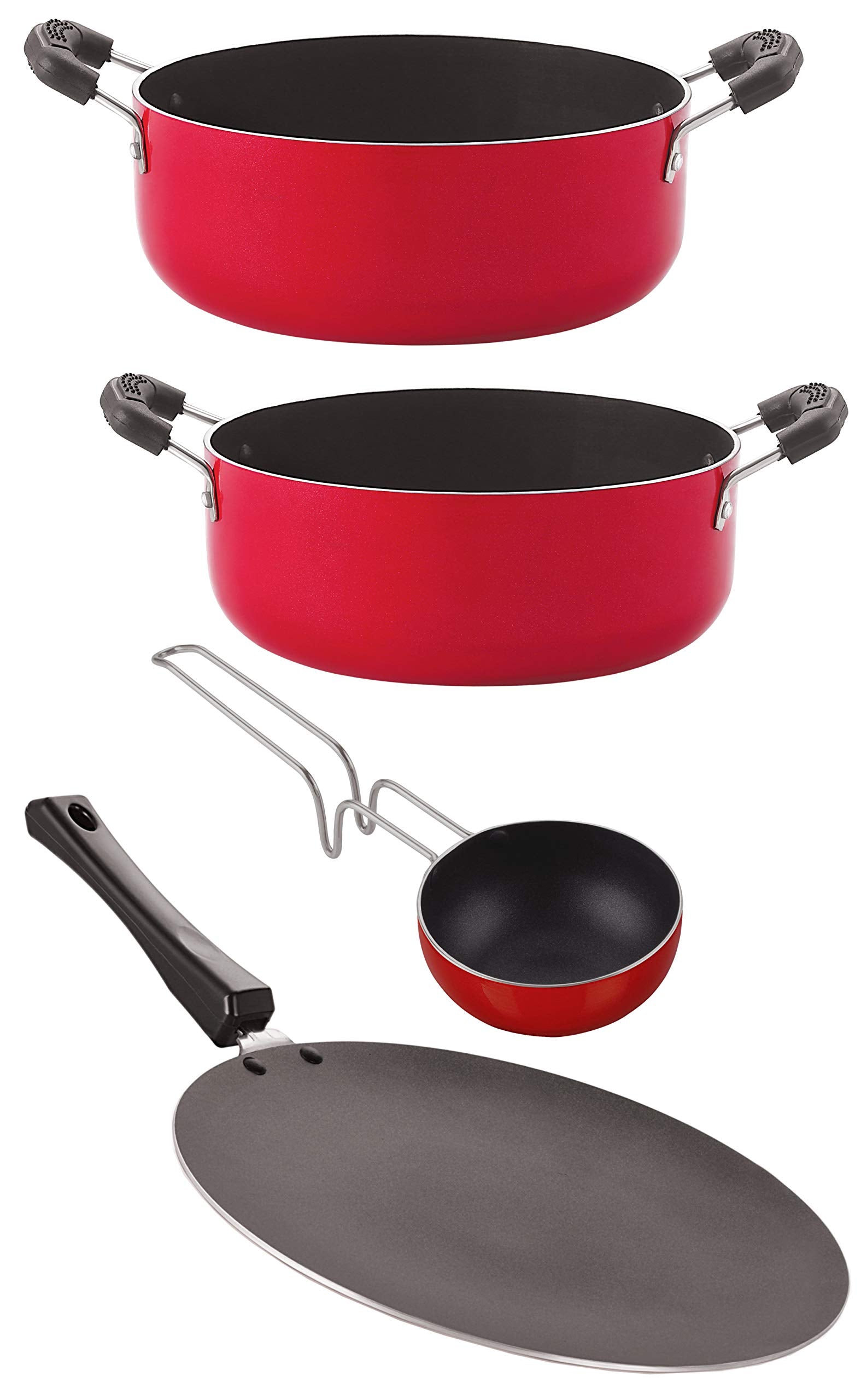 Nirlon Dishwsher Safe Nonstick Gift Cookware 4 Pieces Set (Concave Tawa 27.5Cm + Vagariya 300Ml + Casserole 4.2 Ltr + Casserole 