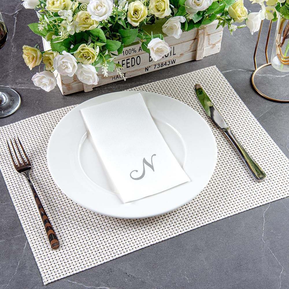 Luxenap 15.8 X 7.9 Inch Linen-Feel Guest Towels, 50 Lettered Hand Towels - Silver Letter 'N', Cursive Font, White Paper Dinner N