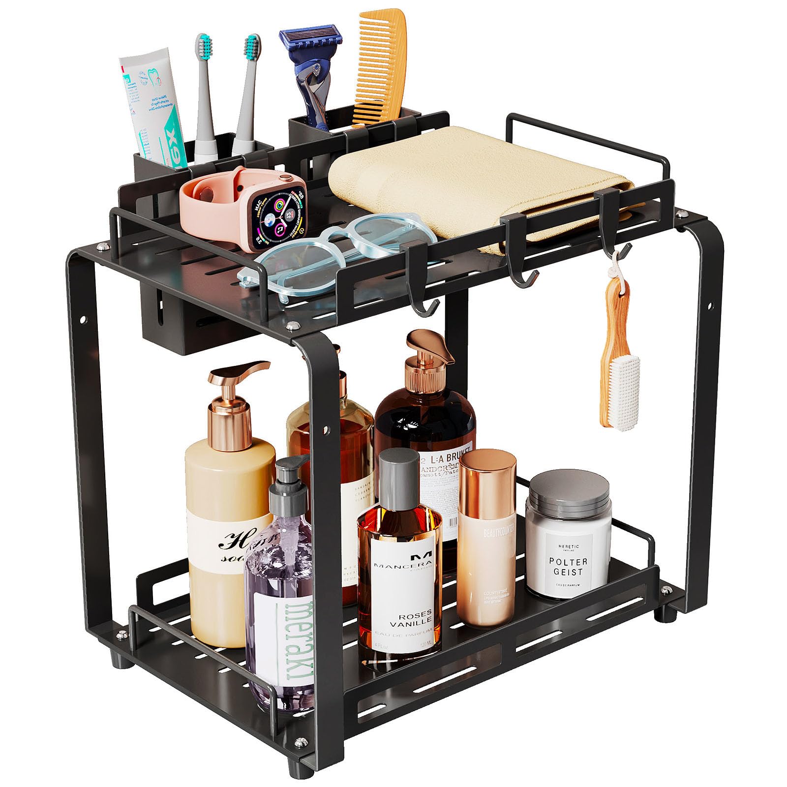Bathroom Counter Organizer Rack, 2 Tier Bathroom Countertop Organizer With 2 Side Basket For Men Women, Metal Standing Bathroom