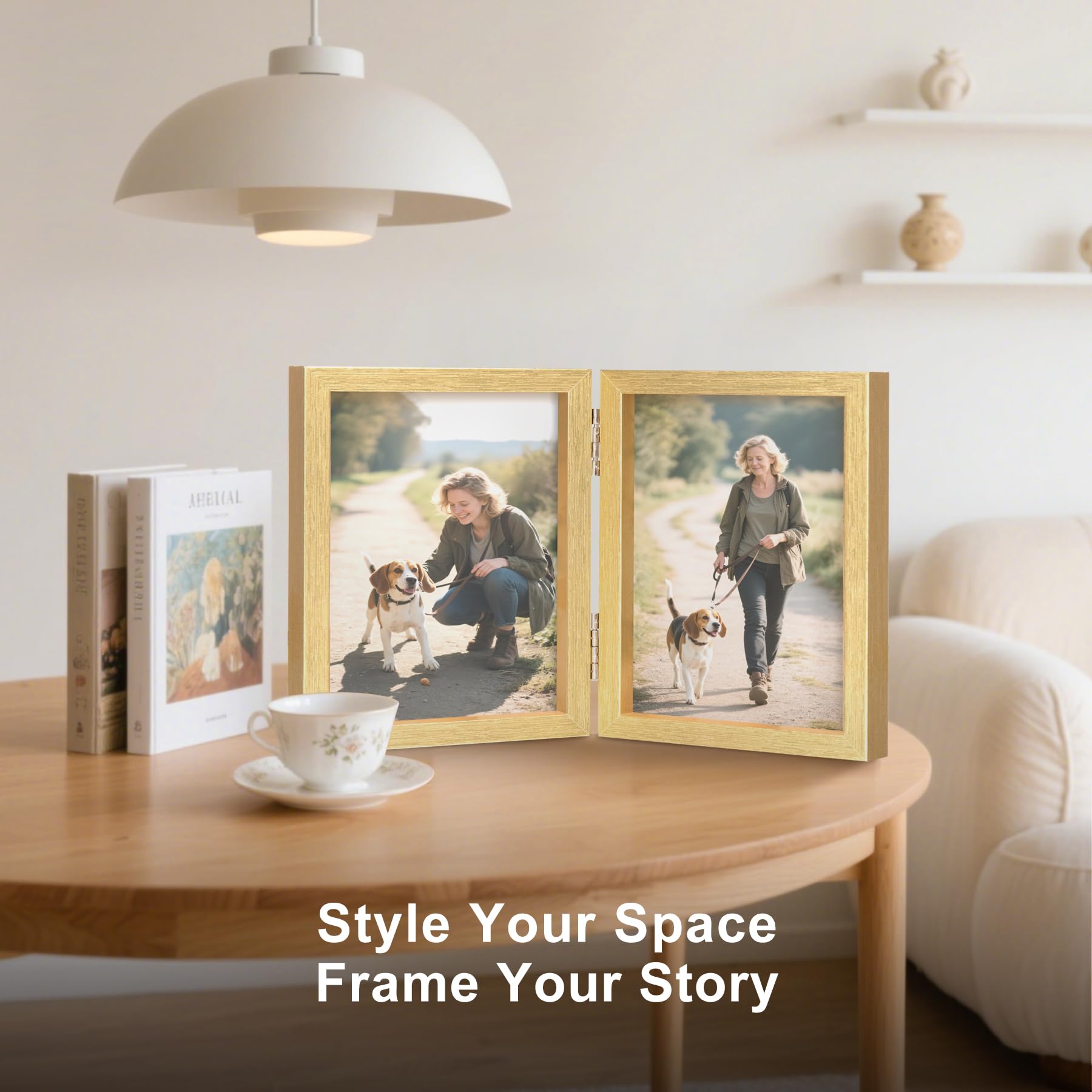 8x10 Double Picture Frame Wooden Hinged Photo Frame Definition Glass Stand Vertically on Desktop or Tabletop Gold
