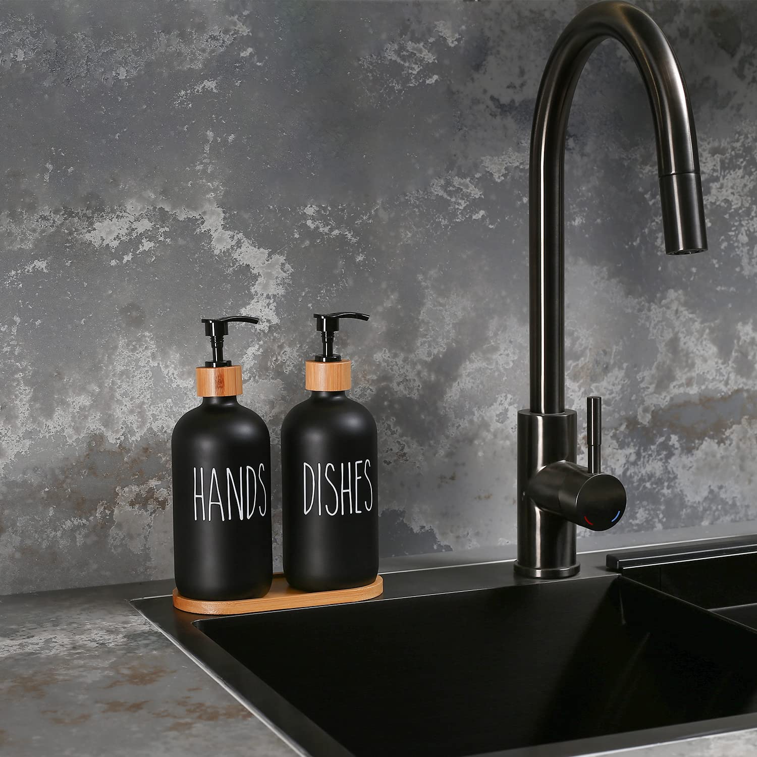Momeemo Matte Black Glass Soap Dispenser Set - Hand And Dish Soap Dispensers Suitable For Rustic Kitchen Decor (Black)