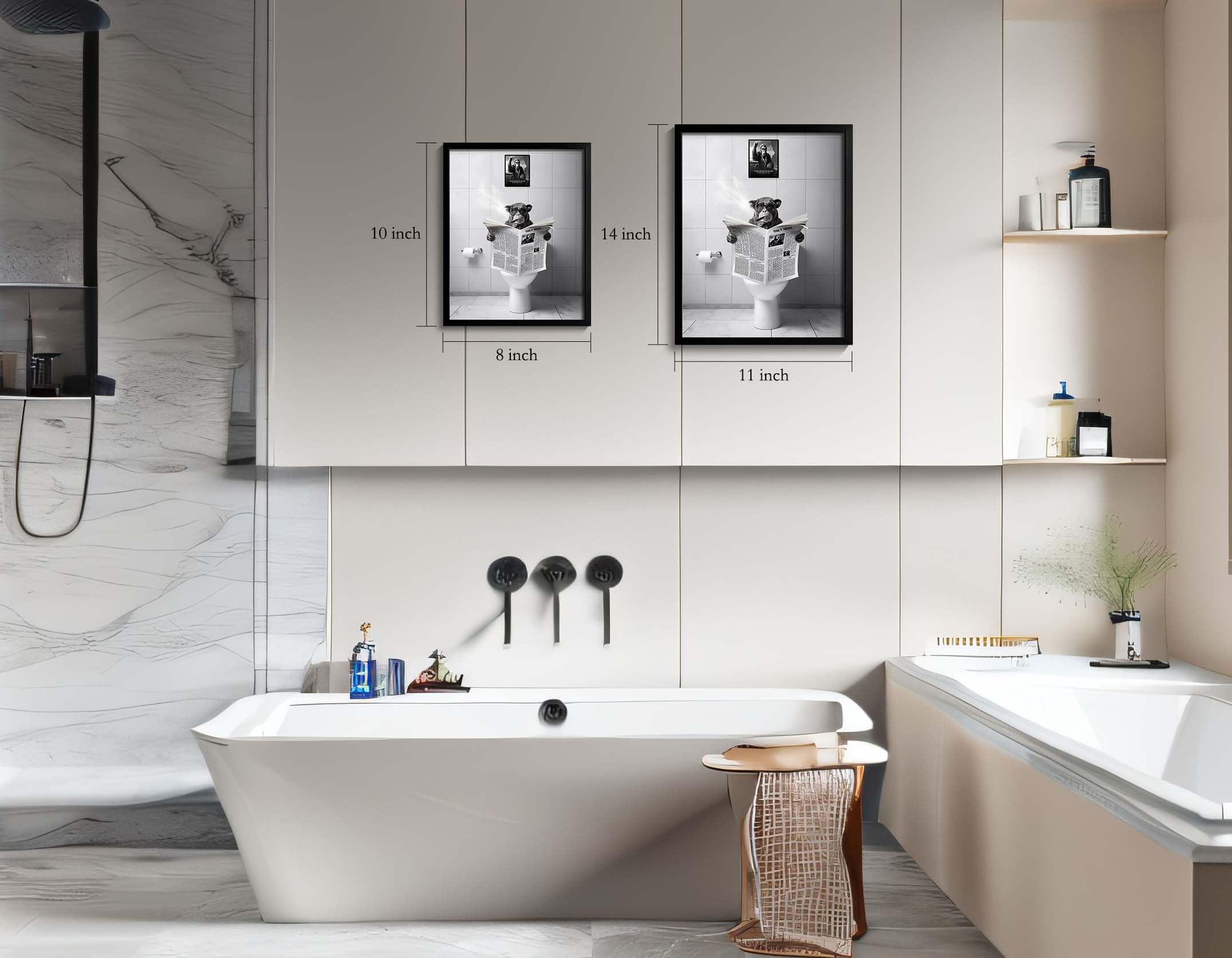 Black And White Wall Art, Framed Bathroom Decor Wall Art, Funny Animal Bathroom Wall Decor, Funny Chimpanzee On Toilet (Framed,1