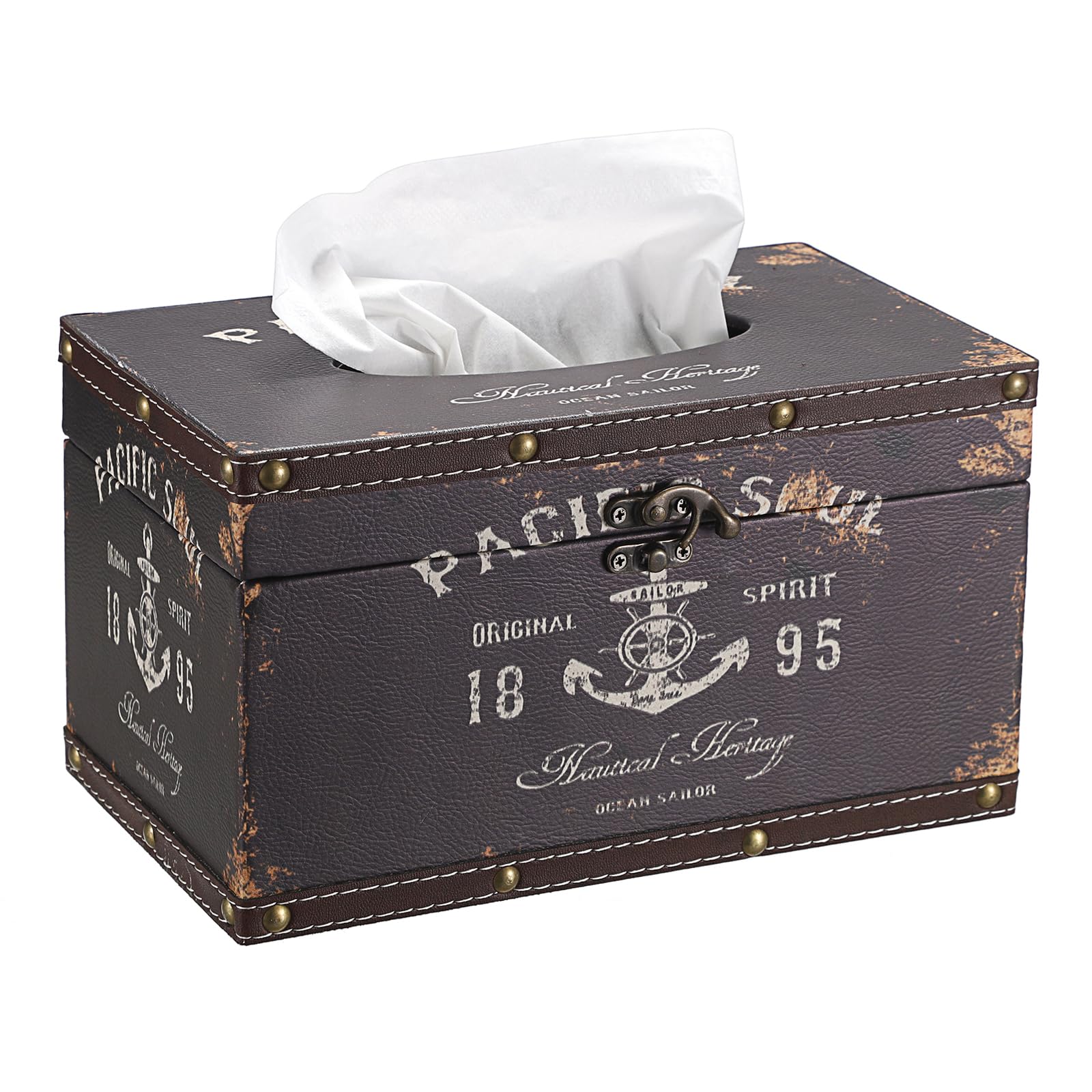 Sumnacon Tissue Box Cover Rectangle Wood Tissue Box With Hinged Lid, Vintage Pu Tissue Box Holder Retro Brown Tissue Cover For B