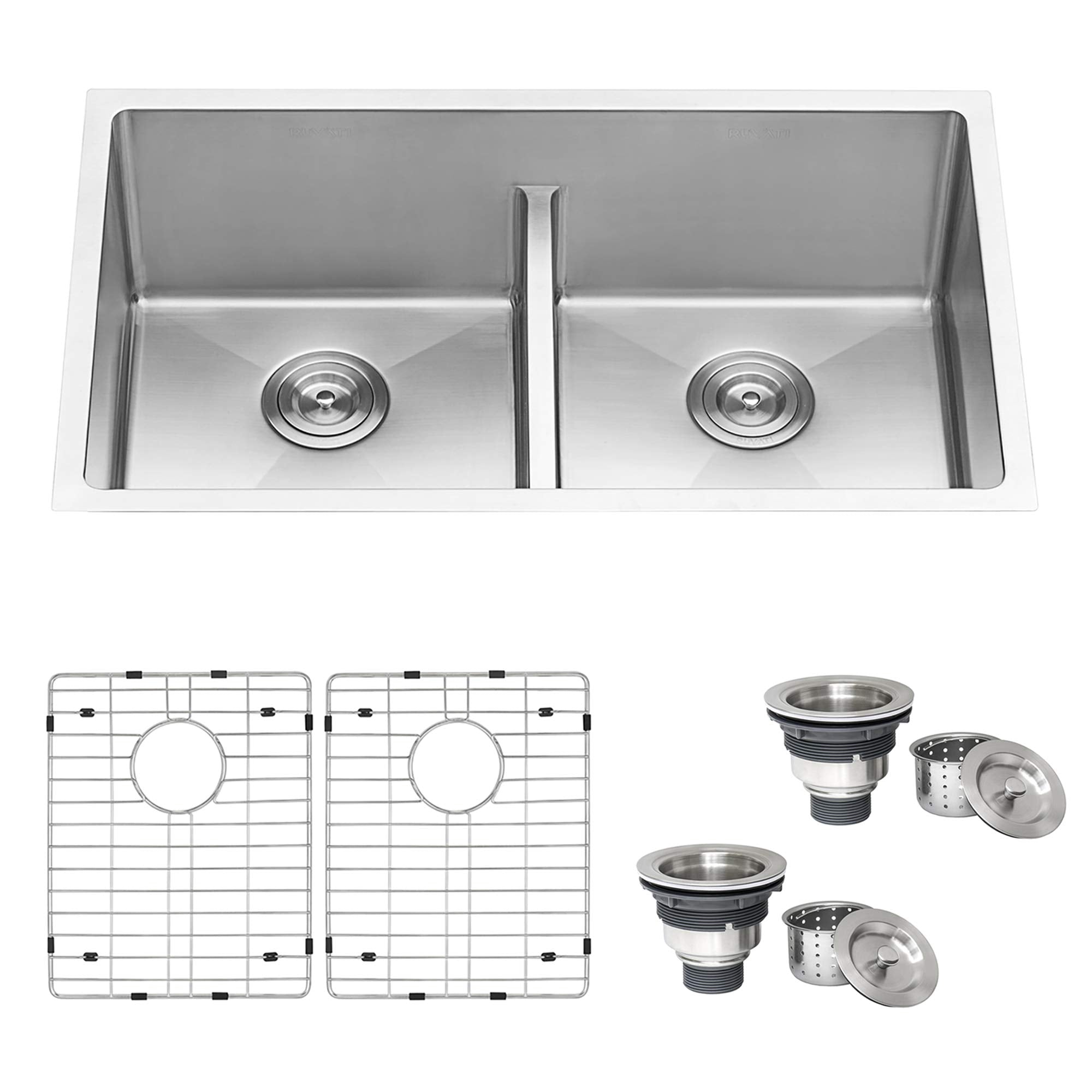 Ruvati 30-Inch Low-Divide Undermount Tight Radius 50/50 Double Bowl 16 Gauge Stainless Steel Kitchen Sink - Rvh7355