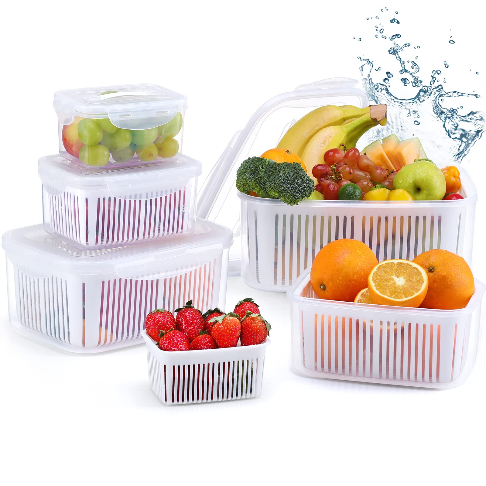 Luxear Fruit Vegetable Produce Storage Saver Containers With Lid & Colander 5 Packs Bpa-Free Plastic Fresh Keeper Set | Refriger