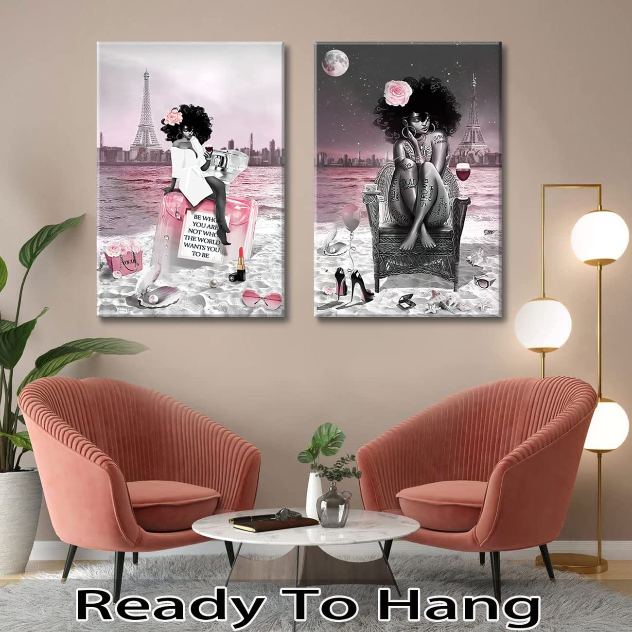 2 Pieces Framed African American Black Girl Canvas Wall Art Decor Fashion Modern Women Pictures Prints Painting Pink And Black B