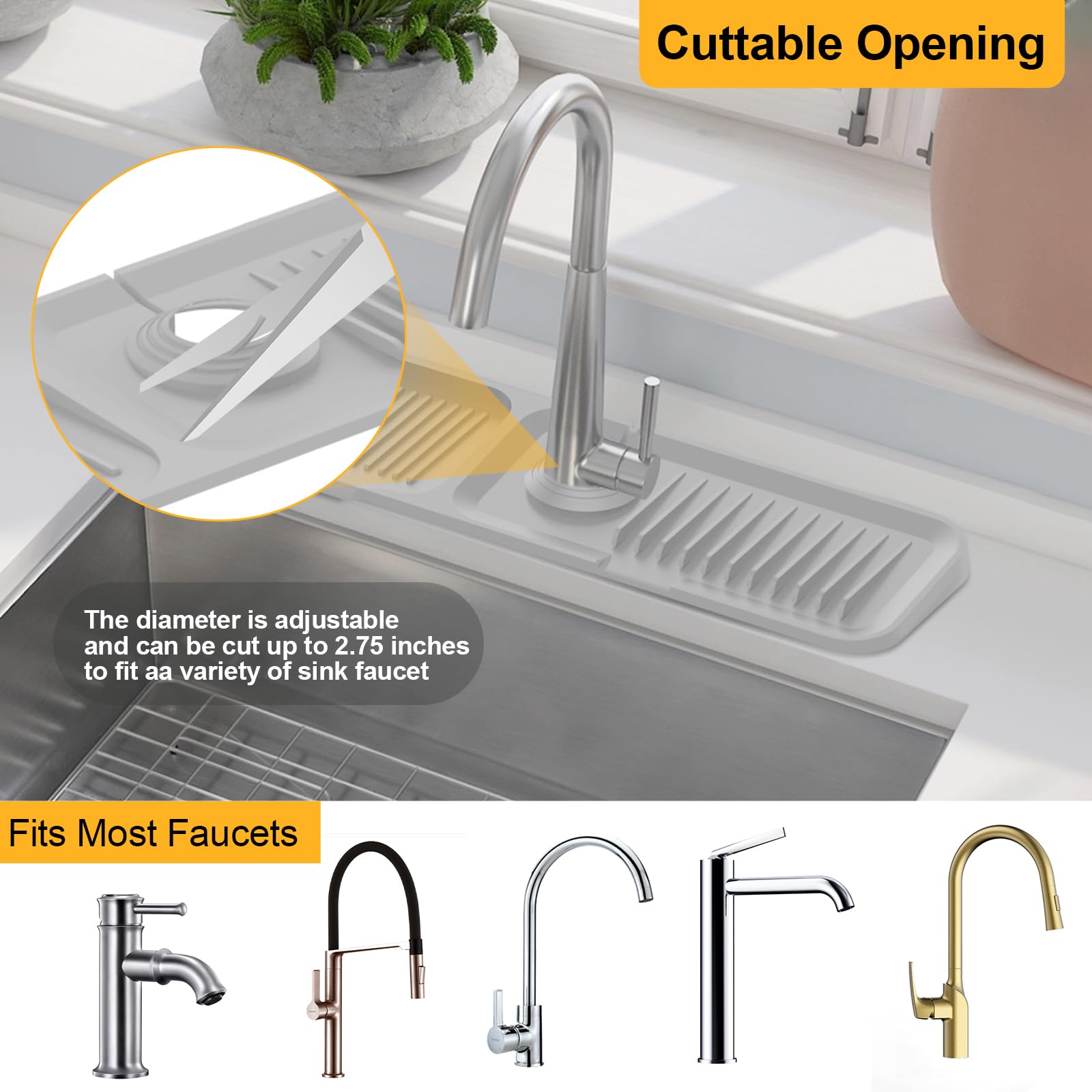 Doeklpo 17.7 Inch Silicone Faucet Mat For Kitchen Sink, 5Slope Fast Draining Kitchen Sink Splash Guard Behind Faucet, Tidy Splas