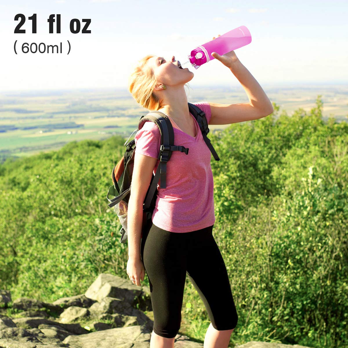 Valourgo Collapsible Water Bottle, Silicone Foldable With Leak Proof Valve Bpa Free - Pink 21 Oz