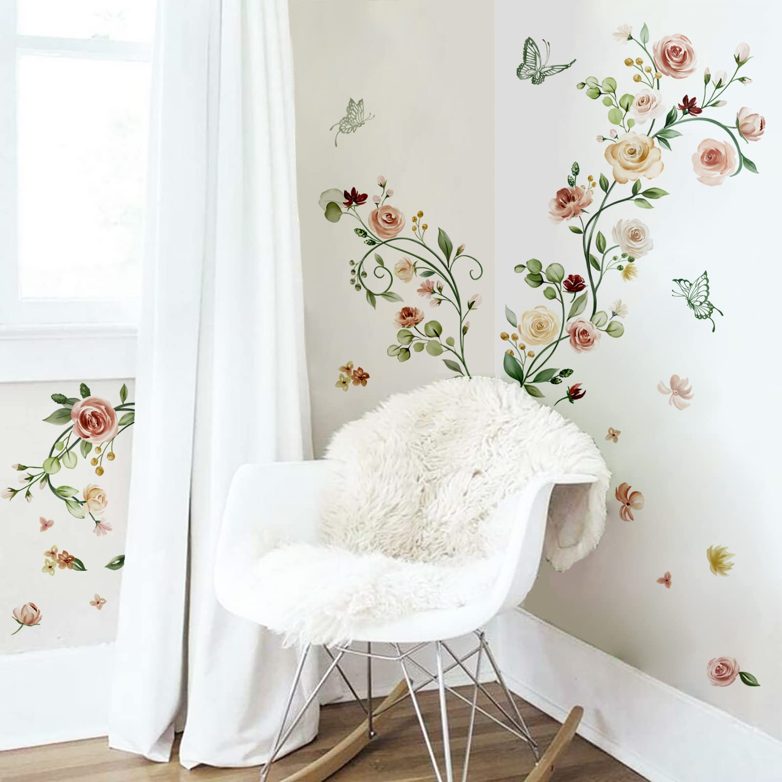 Wondever Rose Vine Flower Wall Stickers Watercolor Garden Floral Peel And Stick Wall Art Decals For Bedroom Living Room Tv Wall