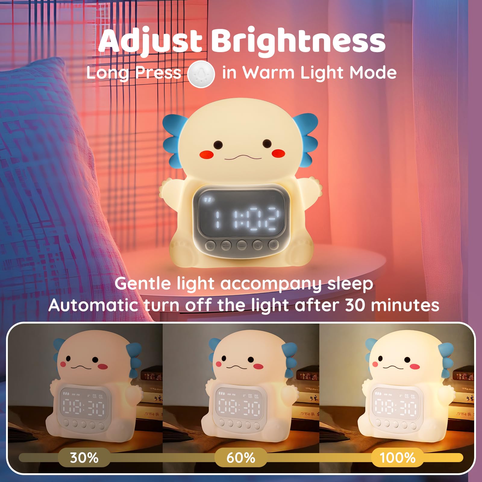 Aokpsrt Axolotl Alarm Clock with Night Light for Kids, Rechargeable Silicone Lamp Time to Wake Clock Cute Animal Tabletop Lamp,