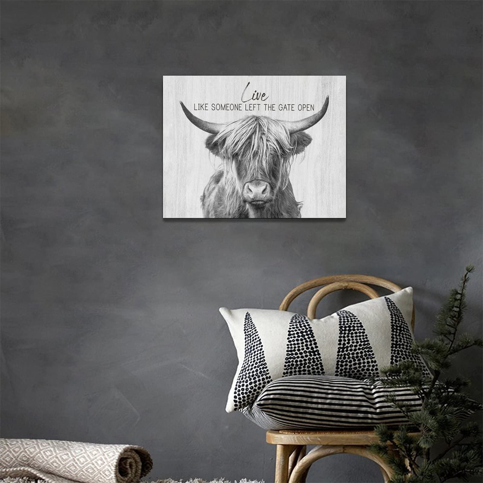 Taimeng Farmhouse Highland Cow Wall Art Black And White Cow Bathroom Pictures Decor Rustic Cattle Canvas Painting Country Cow De