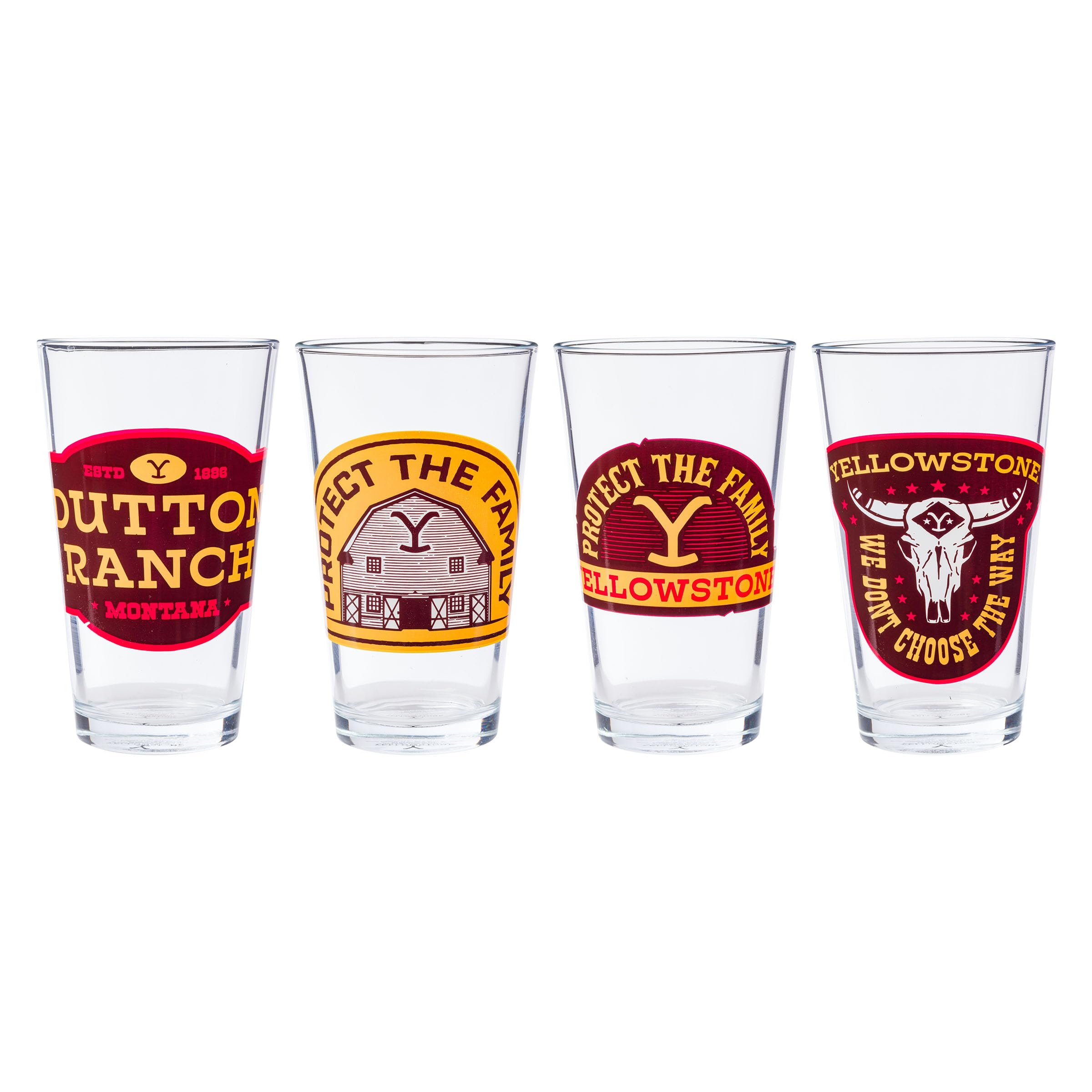 Silver Buffalo Yellowstone Dutton Ranch and Protect the Family 4 Pack Pint Glass Set,16 Ounces