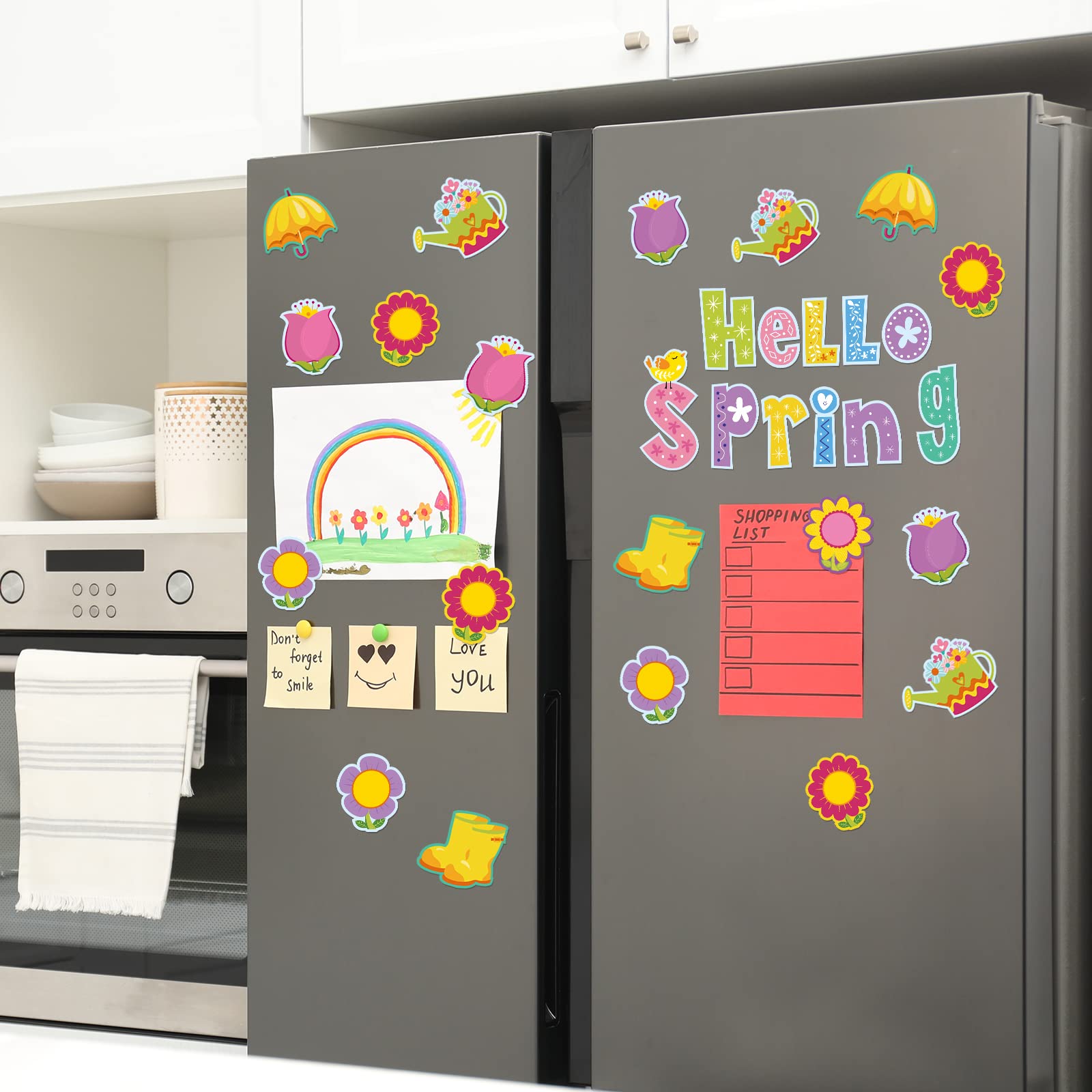 Whaline 23Pcs Hello Spring Refrigerator Magnets Spring Flower Blossoms Umbrella Pattern Fridge Magnets Colorful Floral Metal Magnetic Stickers for Spring Car Metal Door Garage Cabinet Mail Box