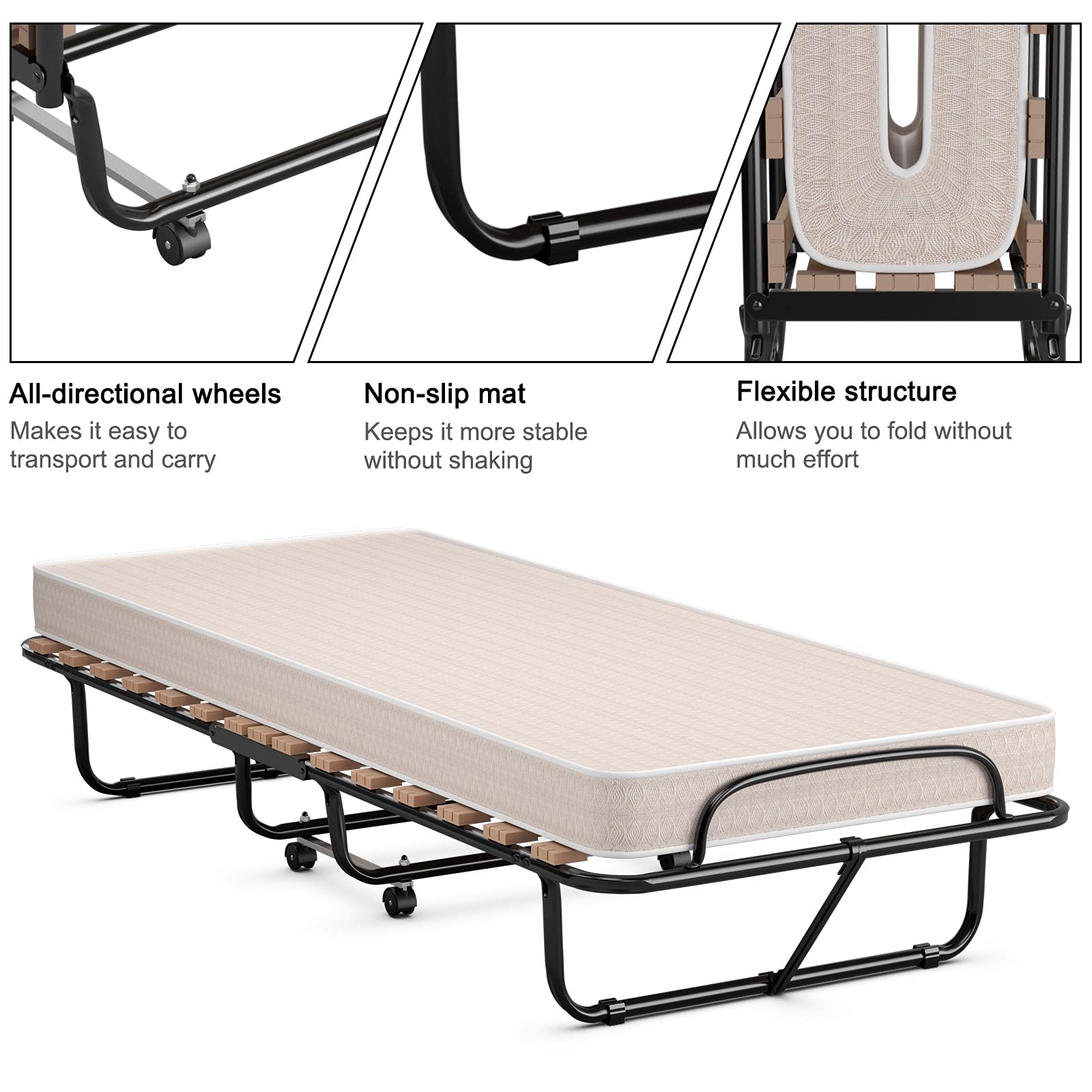 Komfott Folding Rollaway Bed With 4'' Mattress, Foldable Rollaway Bed With Memory Foam Mattress For Adults, Portable Fold Up Gue