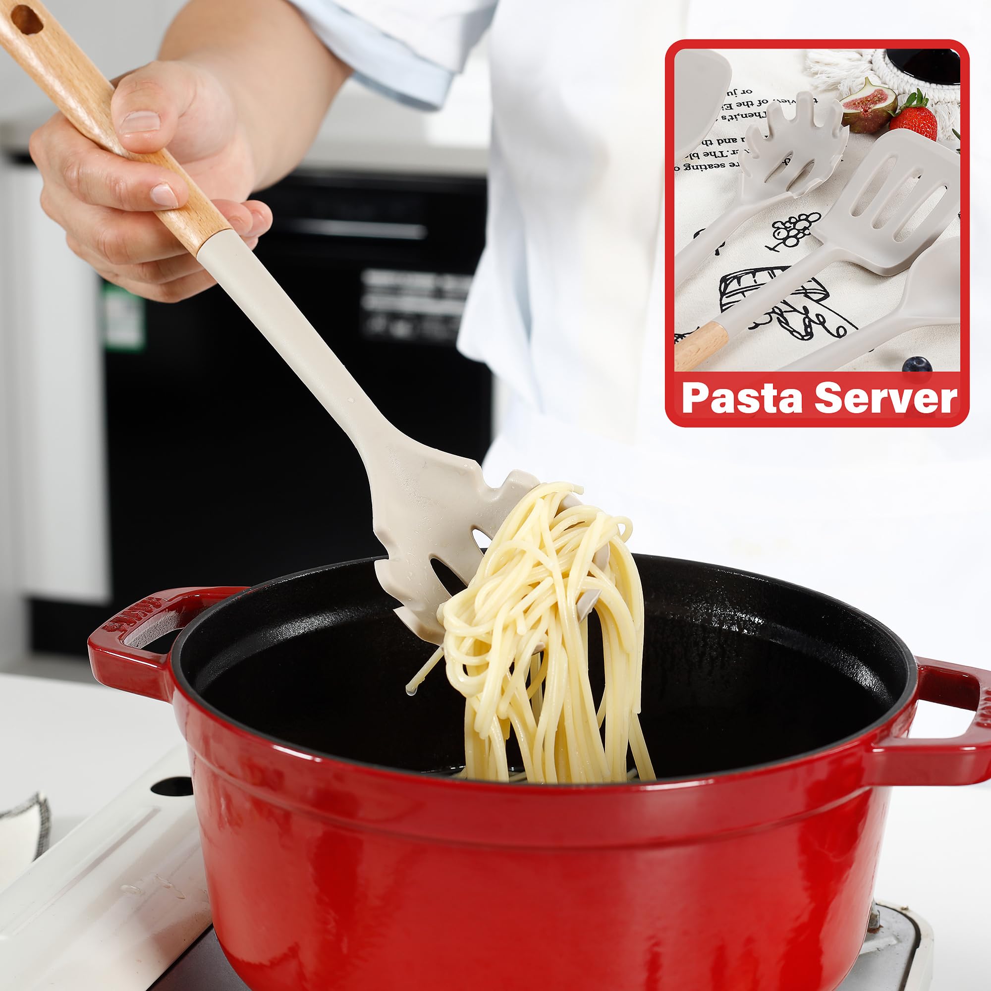Ncue Kitchen Utensils Set, Large Non-Stick Silicone Cooking Utensils Set 6 Pcs, Wooden Handle Heat Resistance Silicone Spatula S