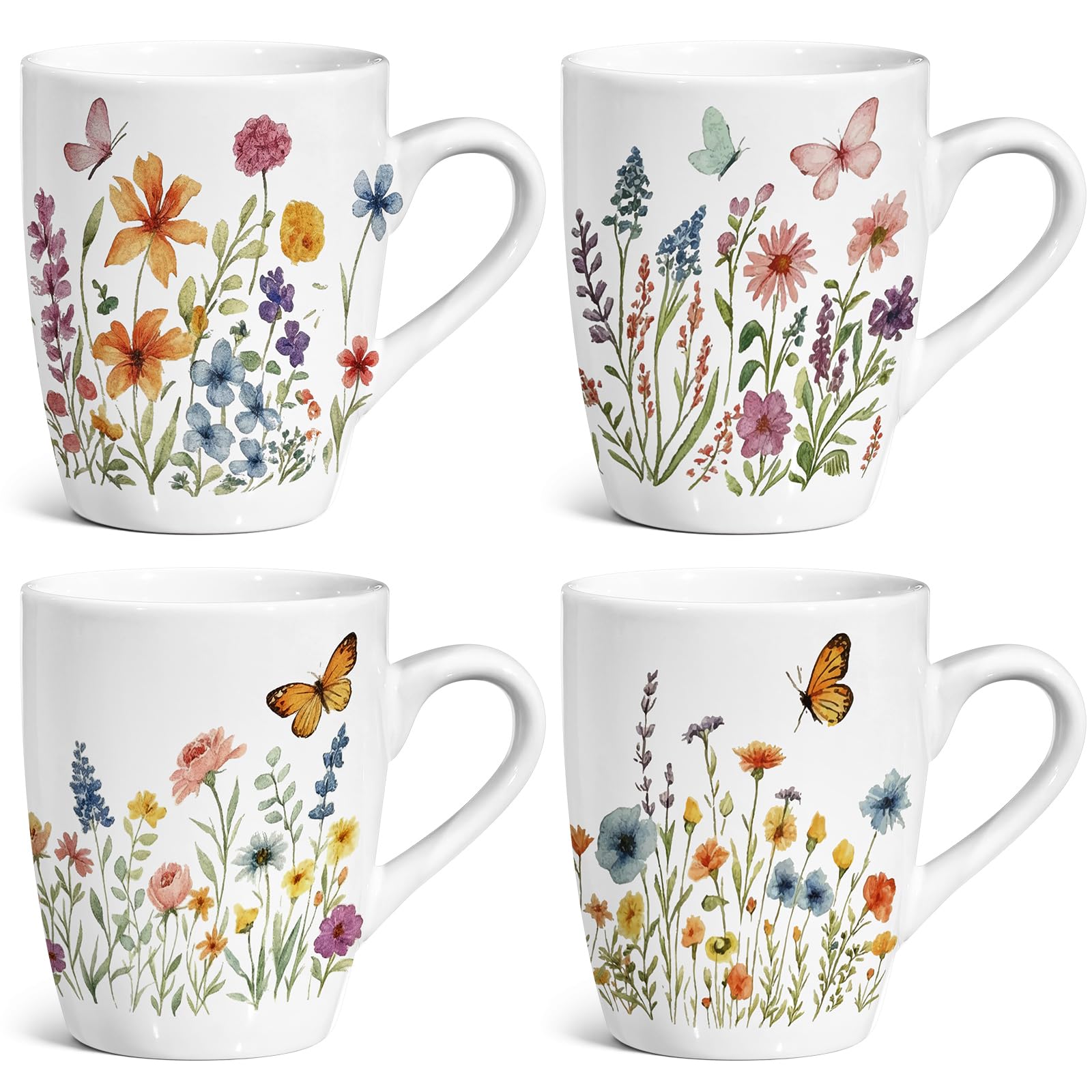 Potchen 4 Pcs Spring Wildflower Coffee Cups 12oz Floral Mugs Set Ceramic Cups with Handle Wildflower Butterfly Printed Drinkware