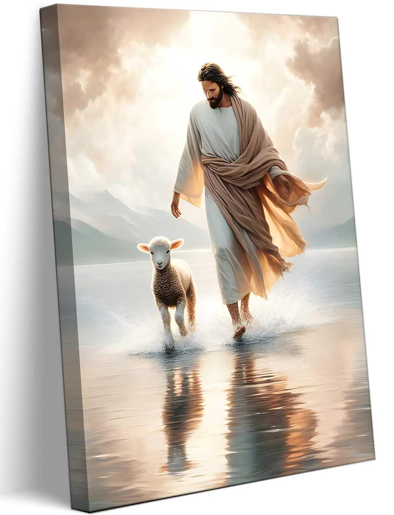 Jesus Walks On Water Canvas Wall Art Christ Saves The Lost Lamb Painting Wall Decor Christian Poster Print Follow Me Artwork Pic