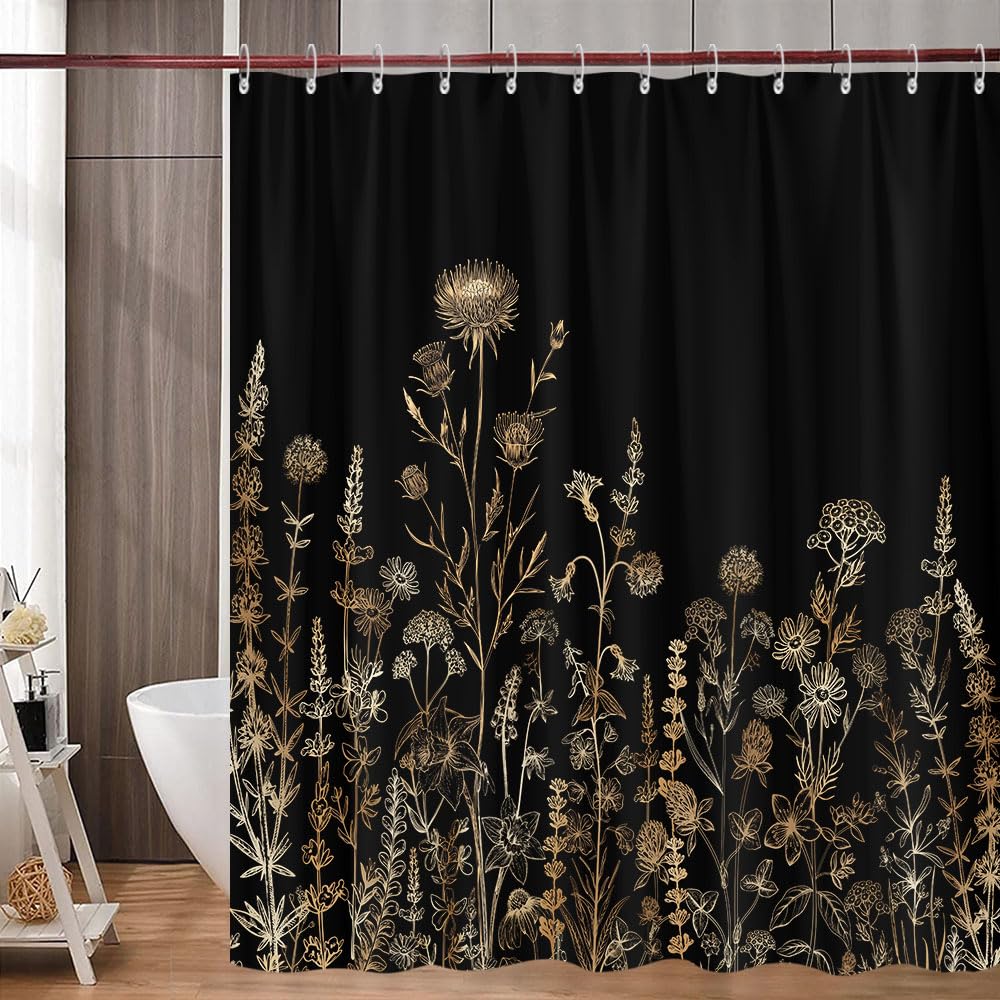 Vintage Black And Gold Boho Shower Curtain, Black And Tan Cream Floral Aesthetic Dark Wildflower Botanical Flowers Shower Curtai