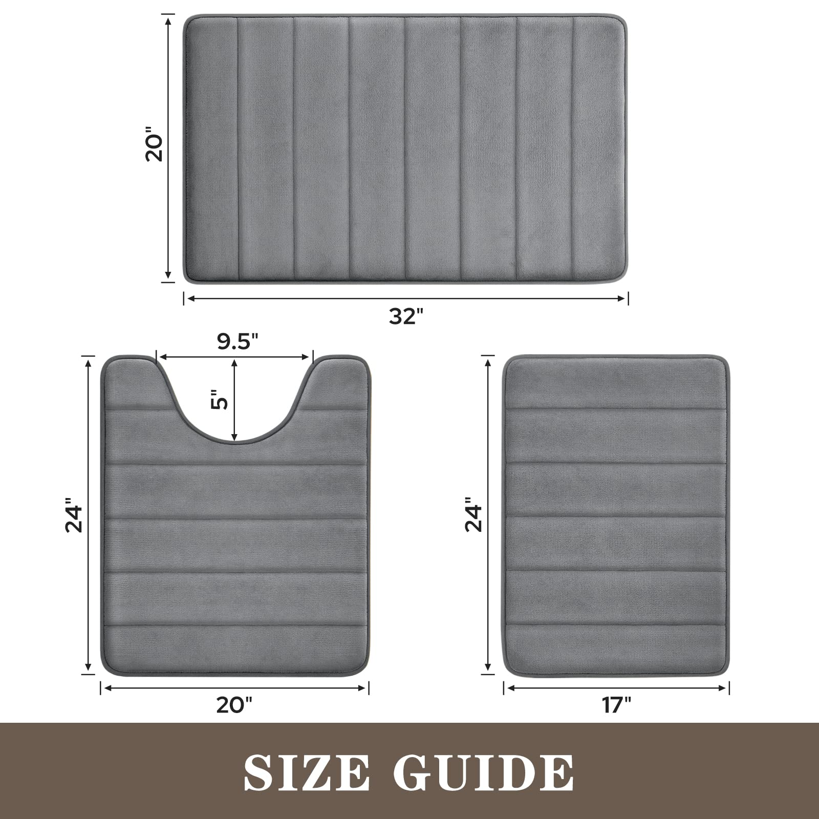 BYSURE Bathroom Rugs Sets 3 Piece Dark Grey Memory Foam Non Slip Extra Absorbent Bath Mat Set for Bathroom  Soft Bathroom Rugs and Mats Set Washable Floor Carpets