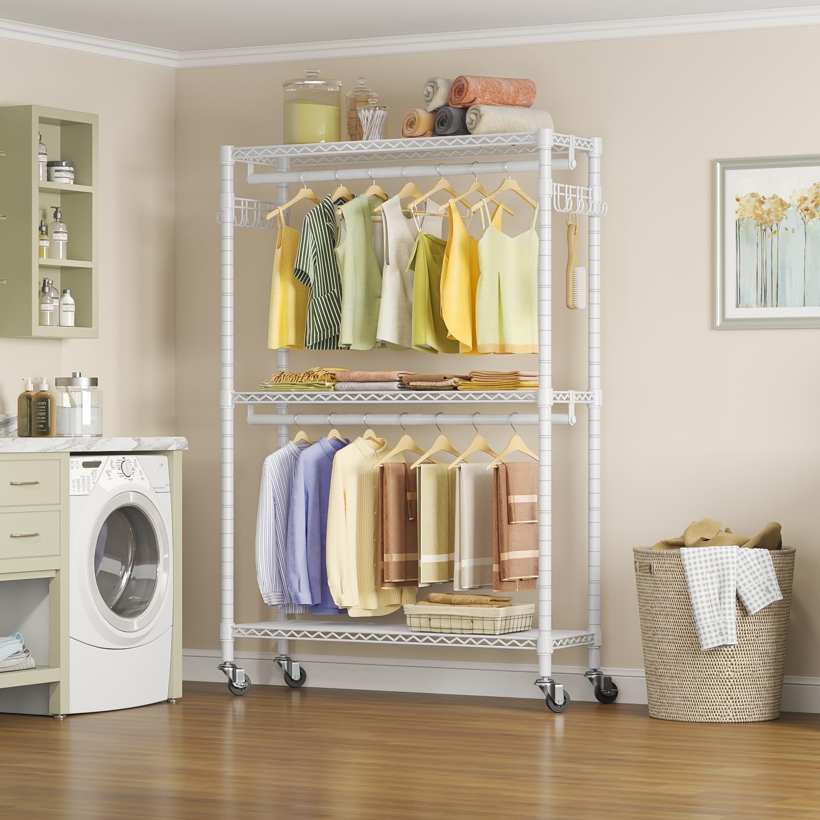 Vipek V12 Rolling Garment Rack 3 Tiers Adjustable Wire Shelving Clothes Rack With Wheels, Freestanding Wardrobe Storage Rack Hea