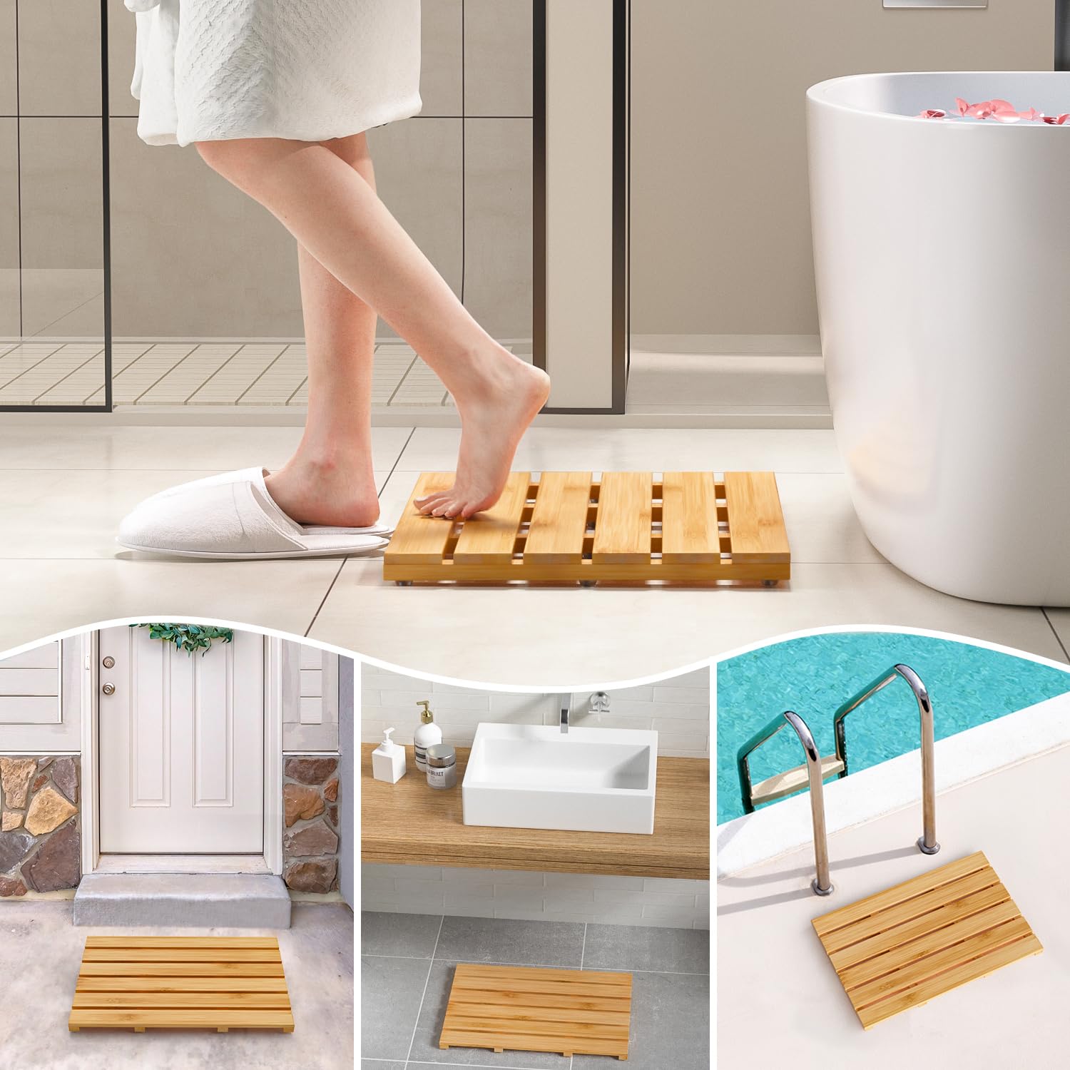 Domax Bamboo Bath Mat For Bathroom - Shower Mat Non Slip Waterproof Wooden Shower Floor Mat For Doorway Sauna Spa Yard Patio Poo