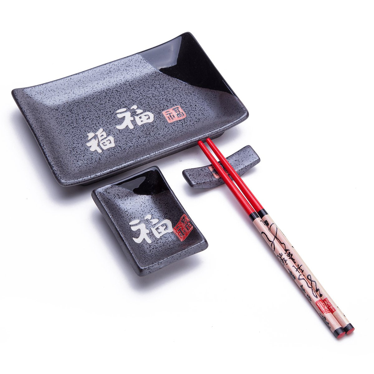 4 Pcs Japanese Sushi Plate Dinnerware Set Black With Chinese Calligraphy ''Fu'' (Fortune) Design