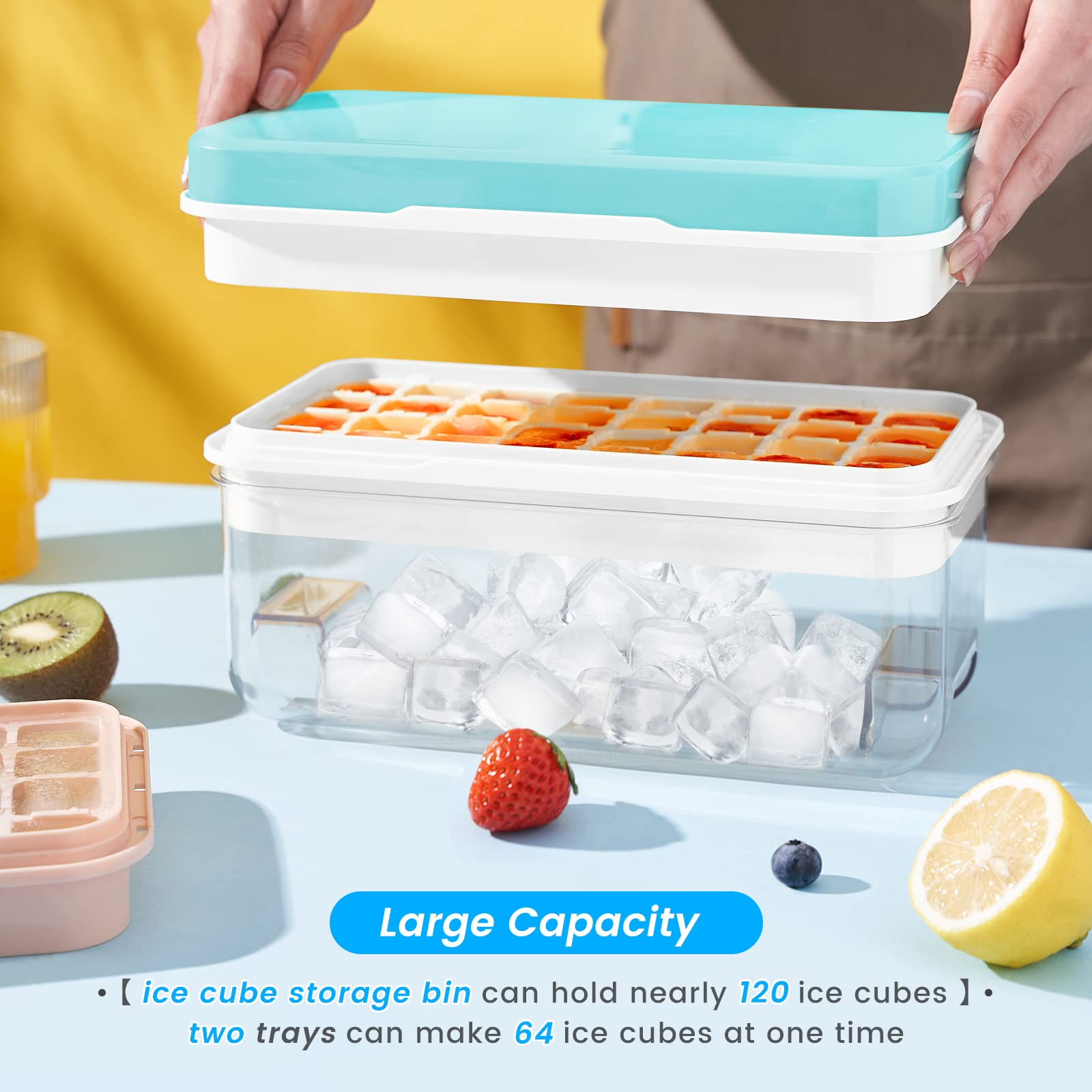 PHINOX Ice Cube Tray with Lid, 64 pcs Molds, 2-Tier Blue Polypropylene, Model CTCJ001, Spill-Resistant with Ice Scoop